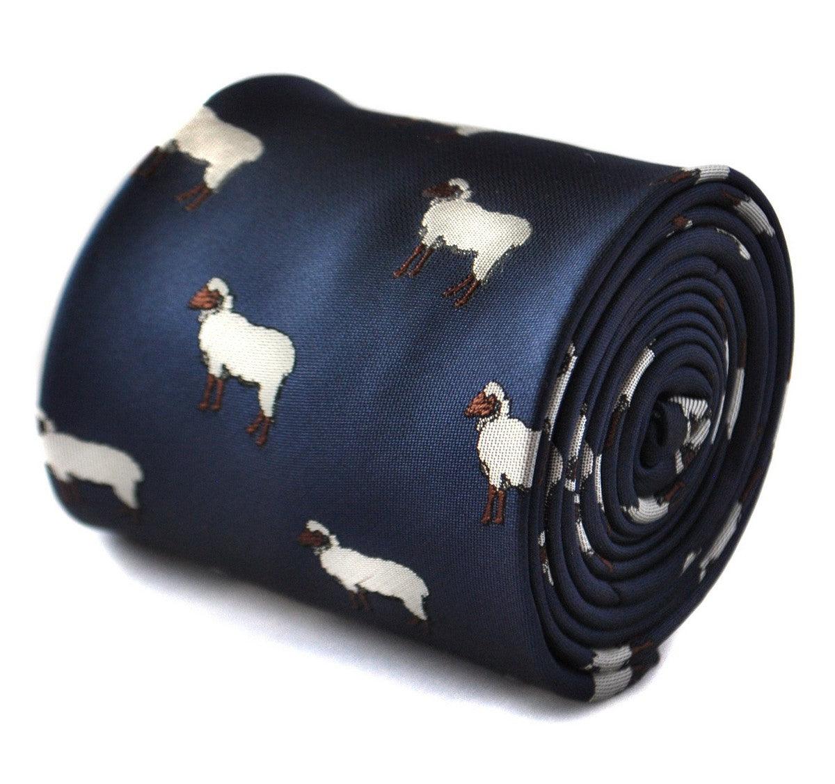 navy tie with sheep embroidered design