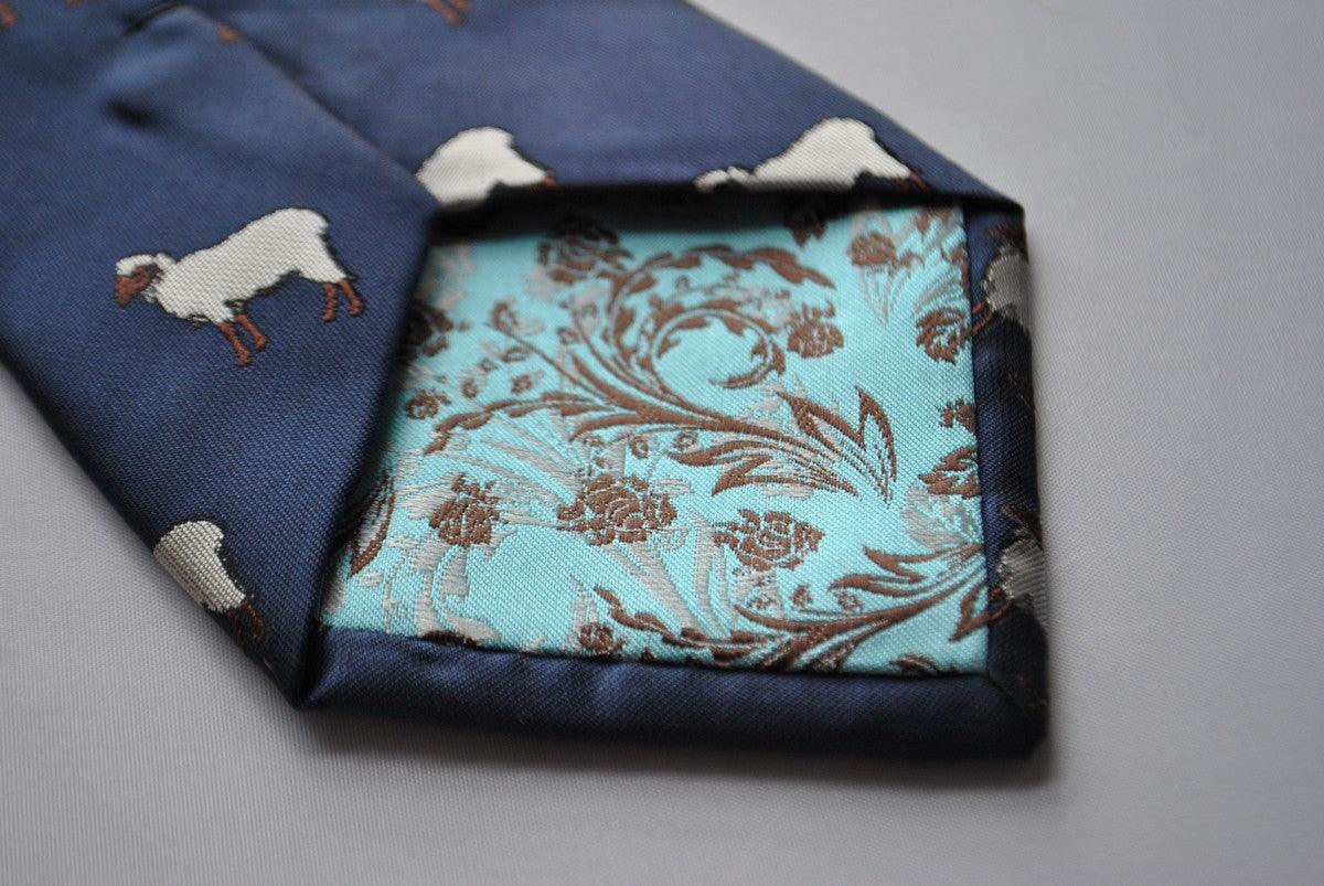 navy tie with sheep embroidered design - Image 3
