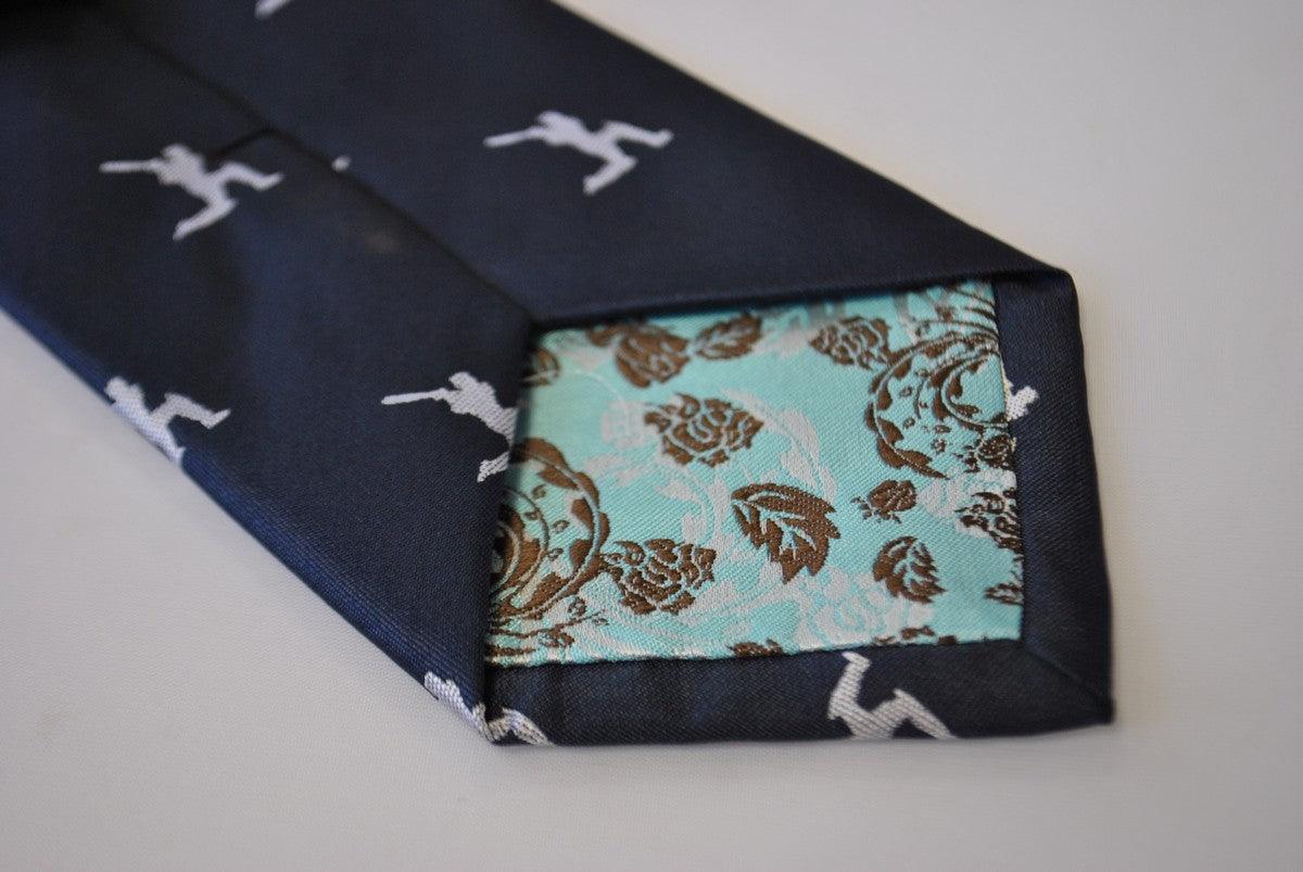 navy tie with white cricket player silhouette design - Image 3