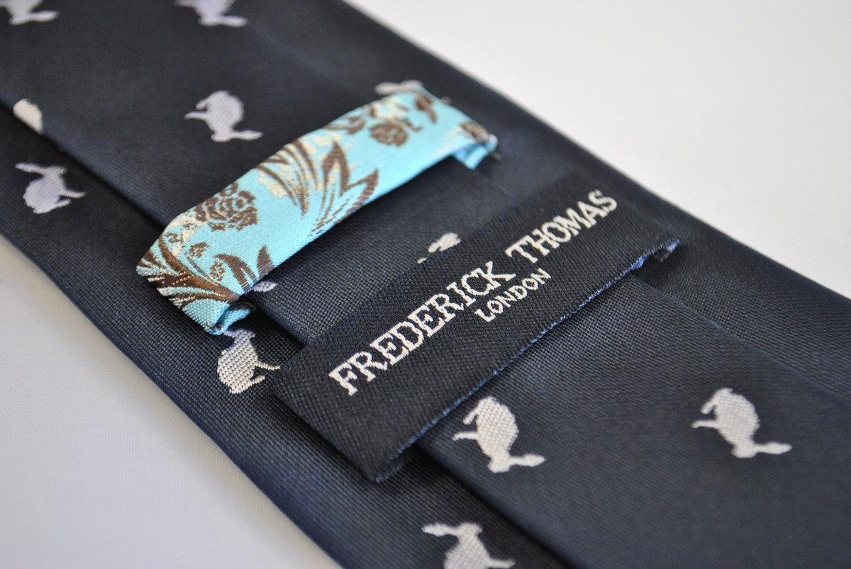 navy tie with white rabbit silhouette design - Image 4