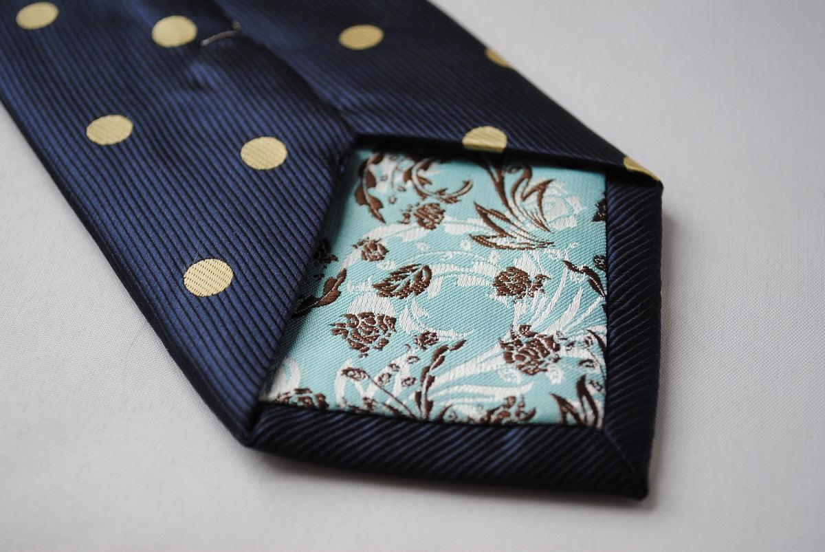 navy tie with yellow polka dots and signature floral reverse - Image 3