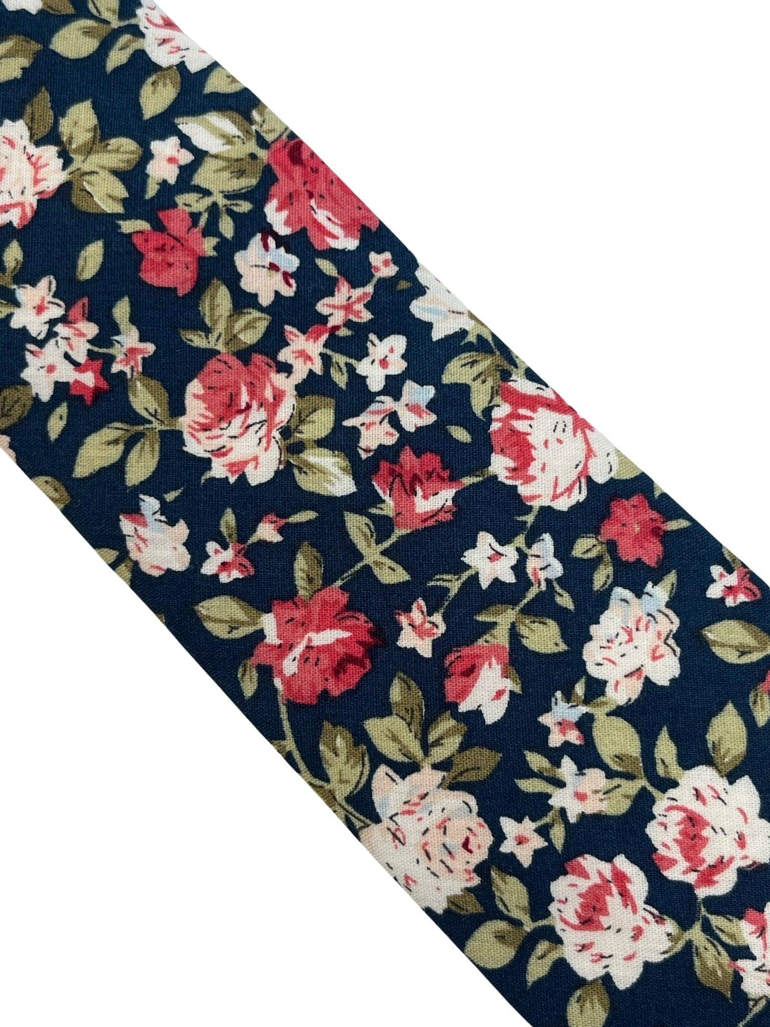 Navy with pink peony rose flower floral design cotton neck-tie - Image 3