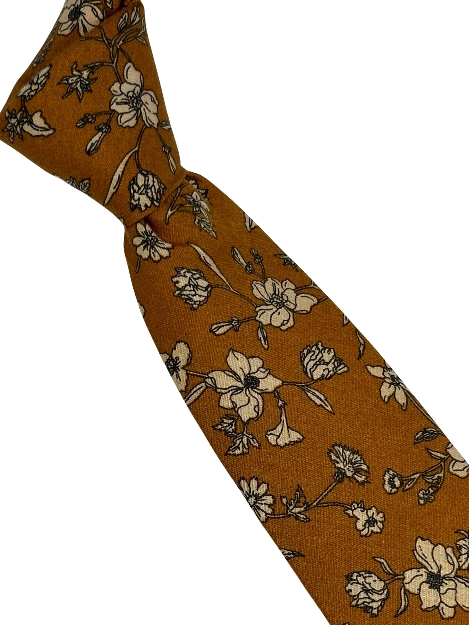 ochre yellow honey gold cotton tie with floral design - Image 6