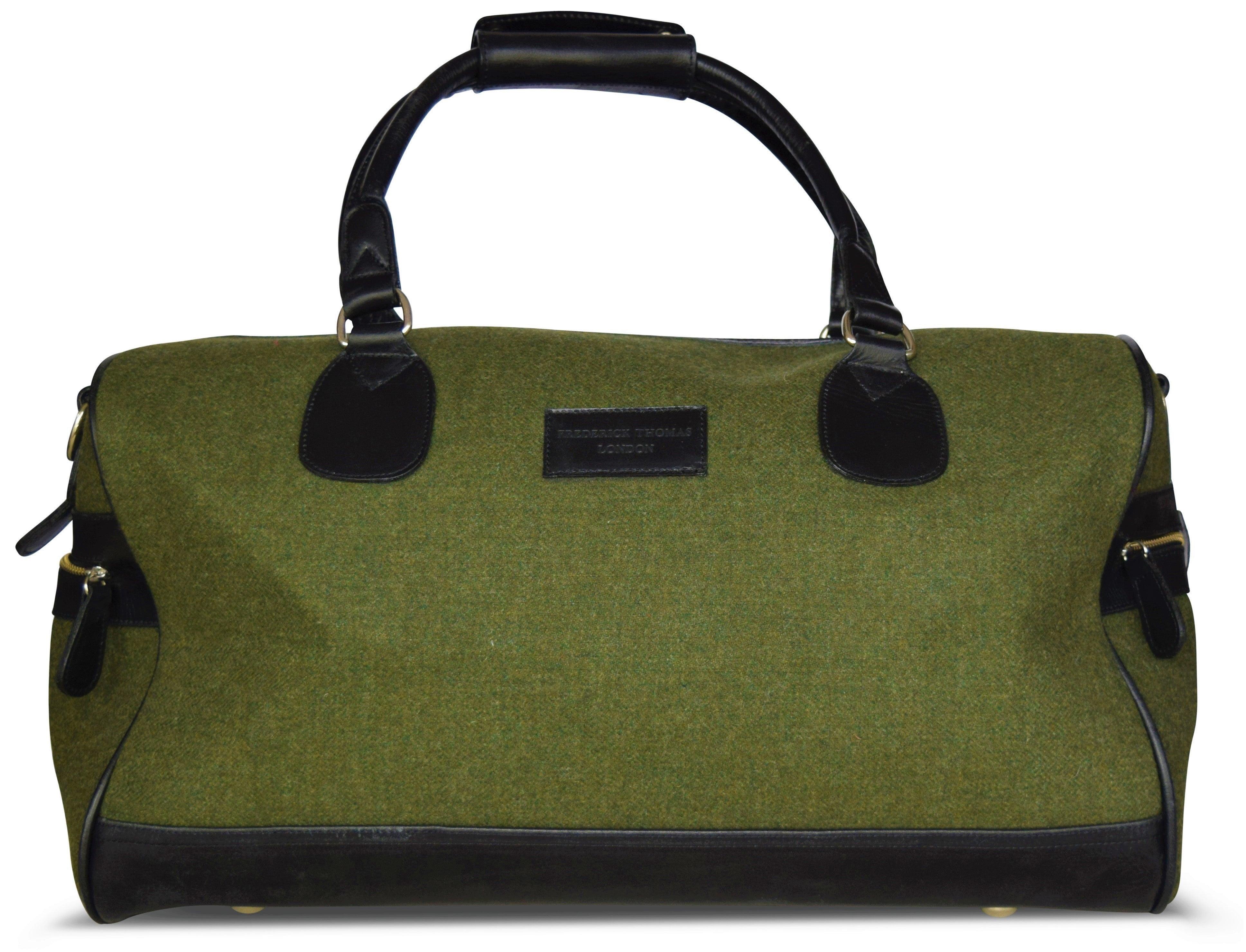 Olive green tweed weekend bag with matching wash bag - Image 3