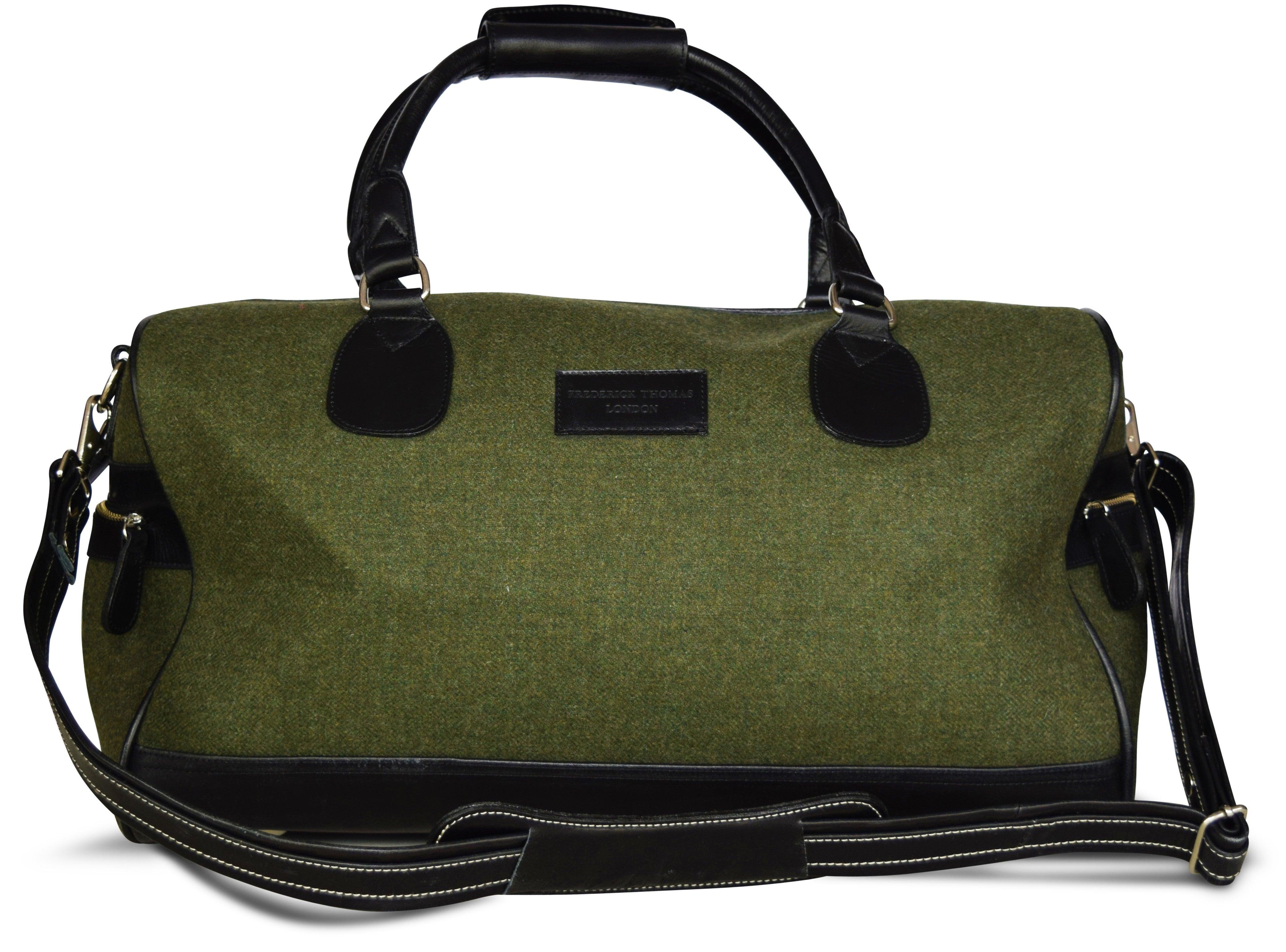 Olive green tweed weekend bag with matching wash bag - Image 4