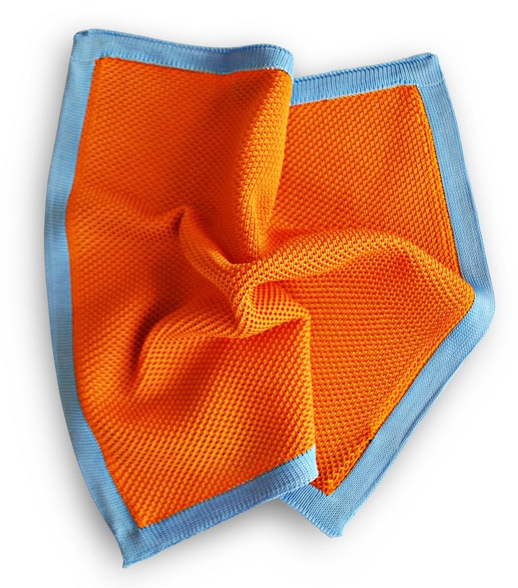 orange knitted pocket square with blue edging - Image 4