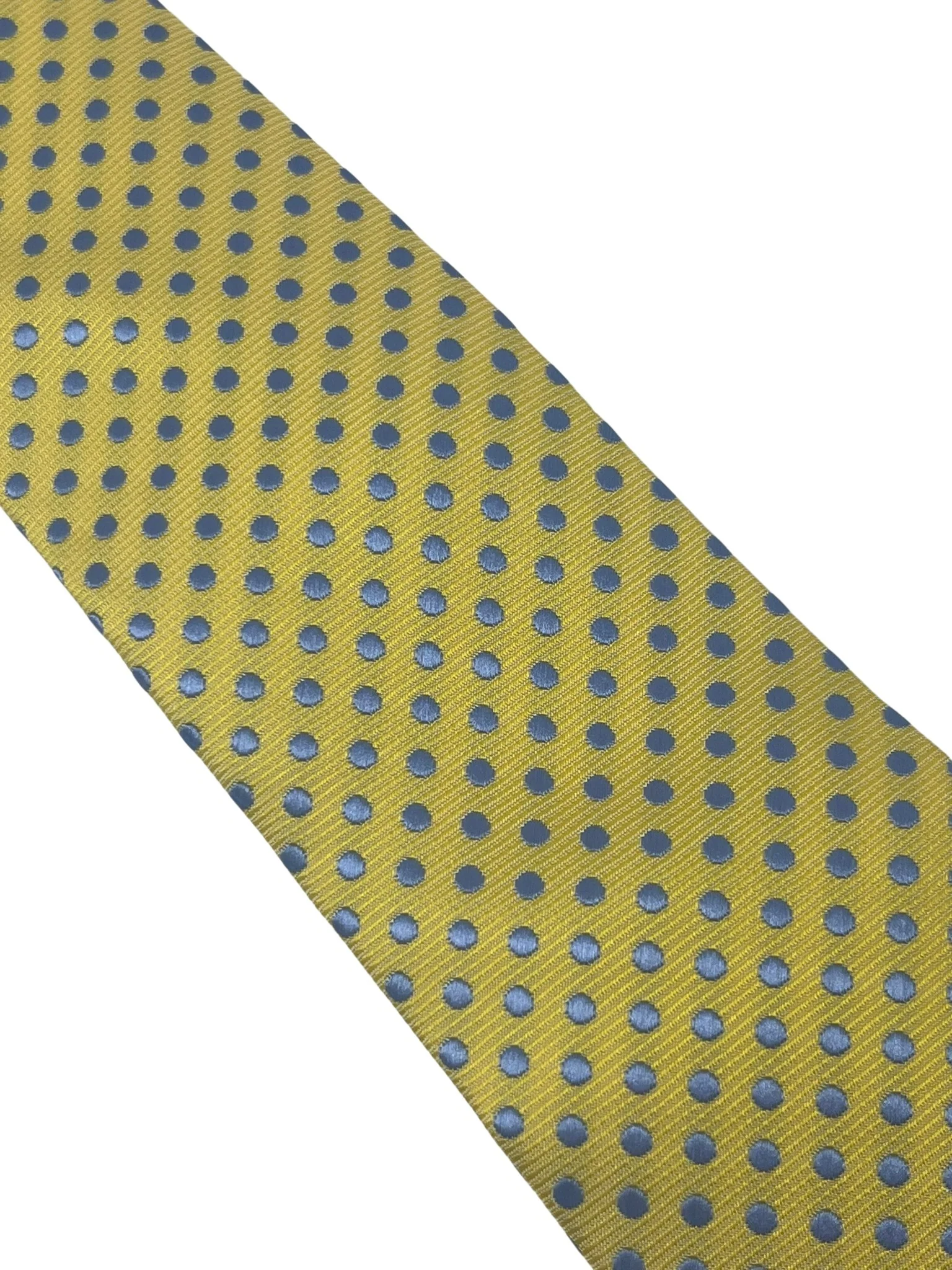 Pale lemon yellow tie with light blue polka spots - Image 3