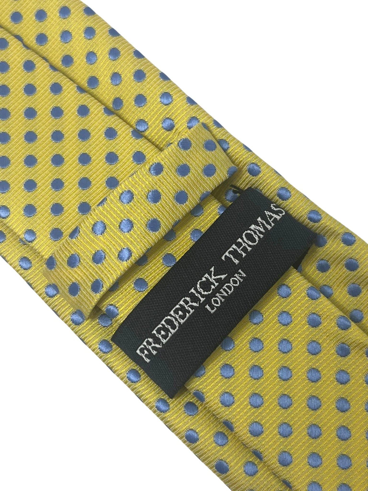 Pale lemon yellow tie with light blue polka spots - Image 4