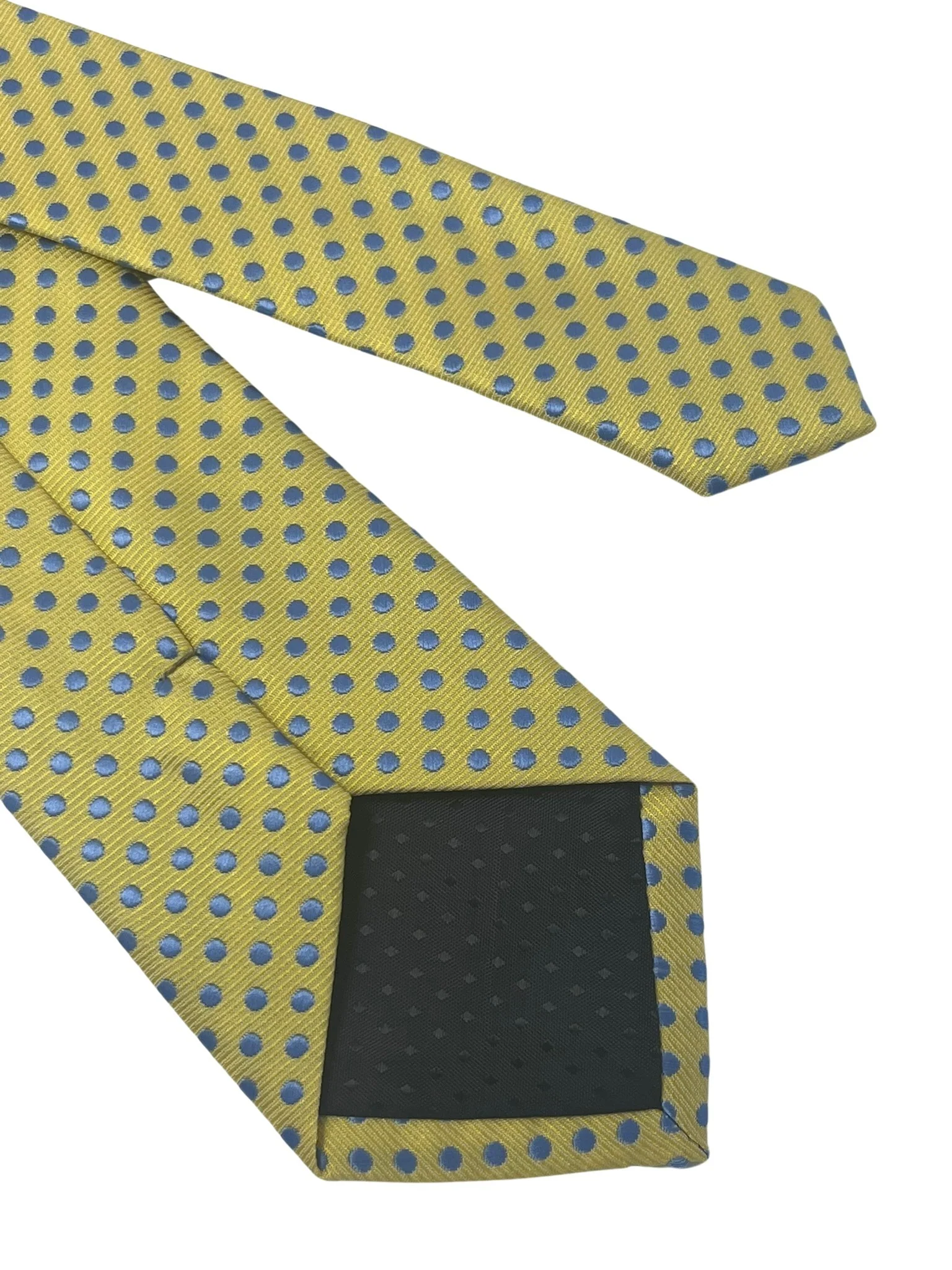 Pale lemon yellow tie with light blue polka spots - Image 5