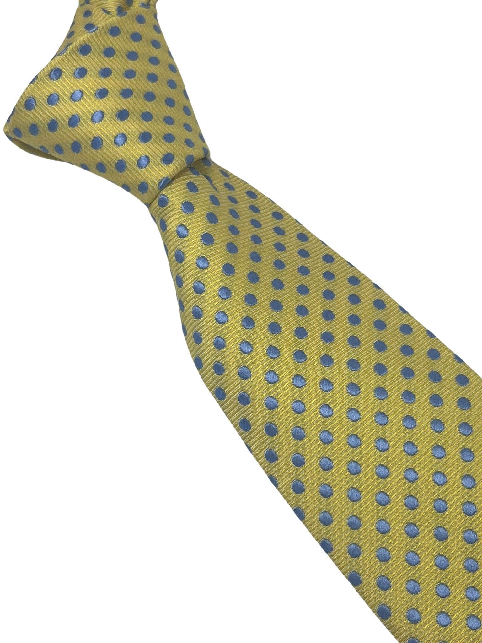 Pale lemon yellow tie with light blue polka spots - Image 6