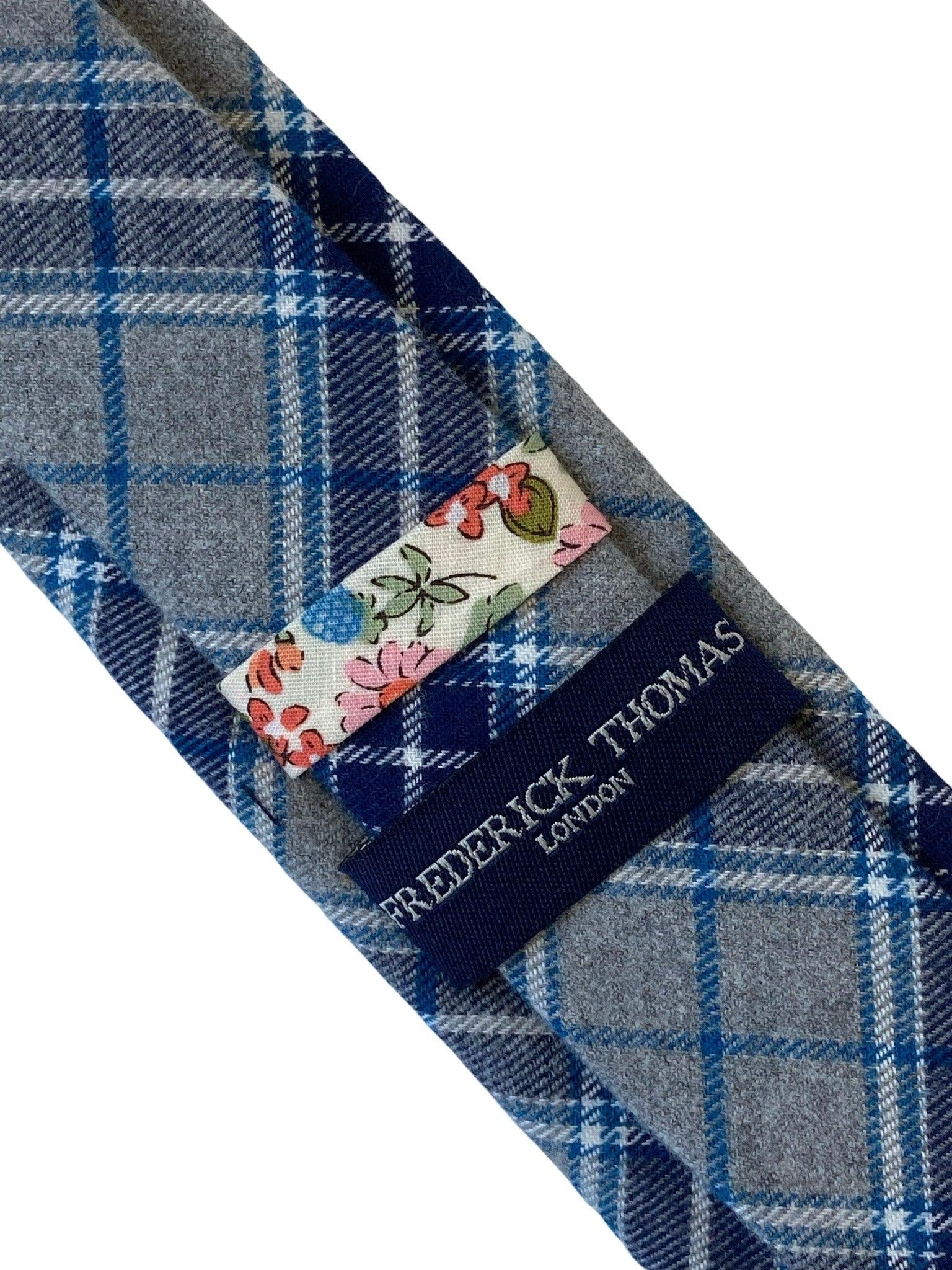 pale light grey & blue check tweed style mens 100% cotton tie - Image 3