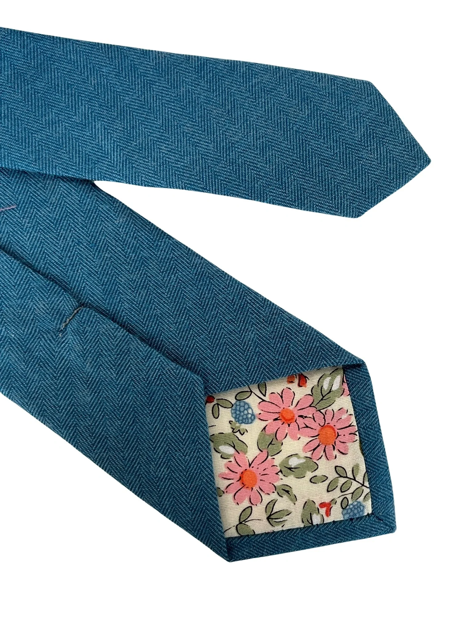petrol medium blue herringbone cotton mens tie - Image 4