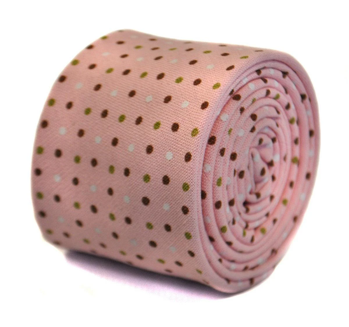pink tie with red, green and white polka dots