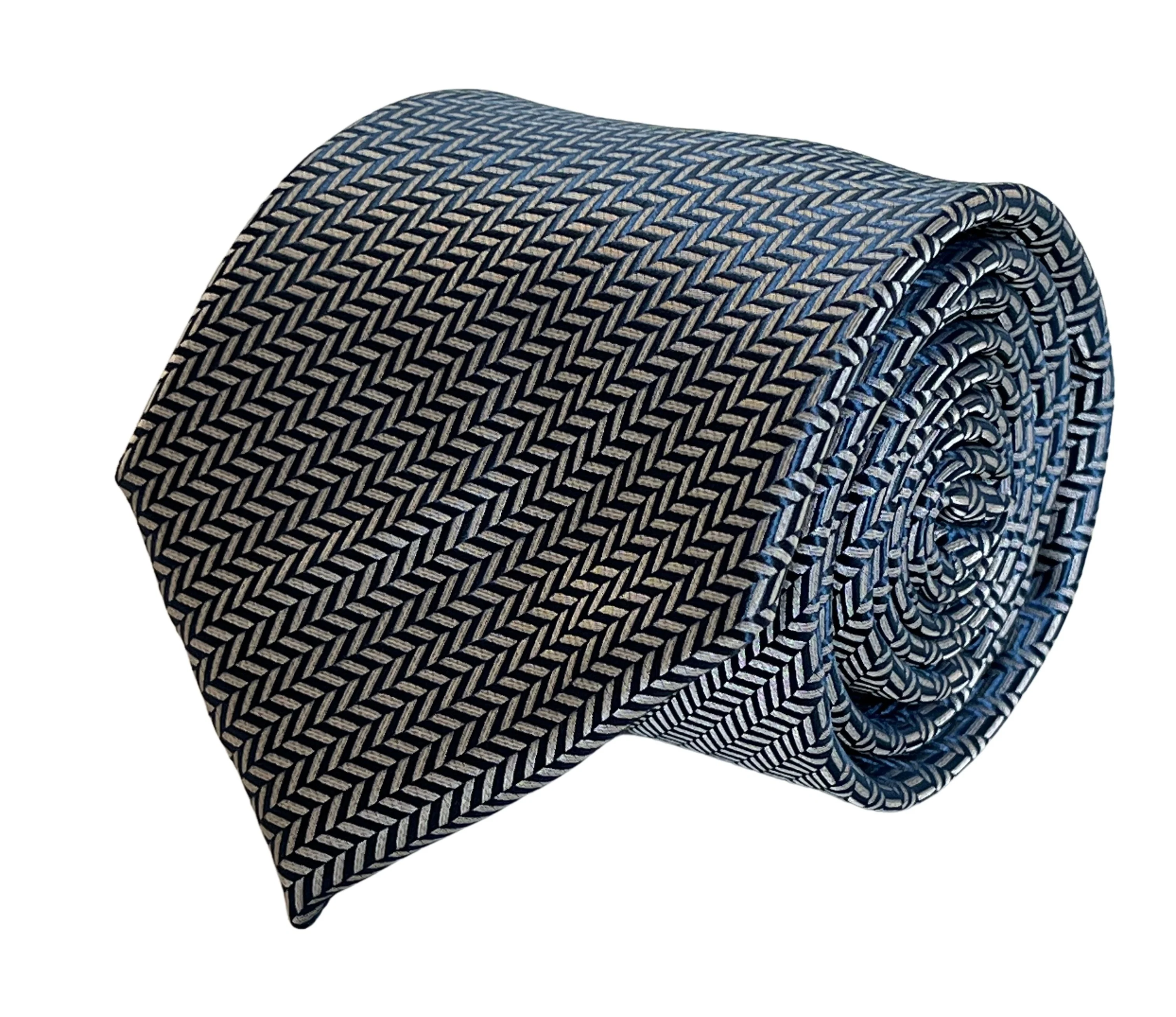 Plain navy blue and white tie with herringbone design - Image 2
