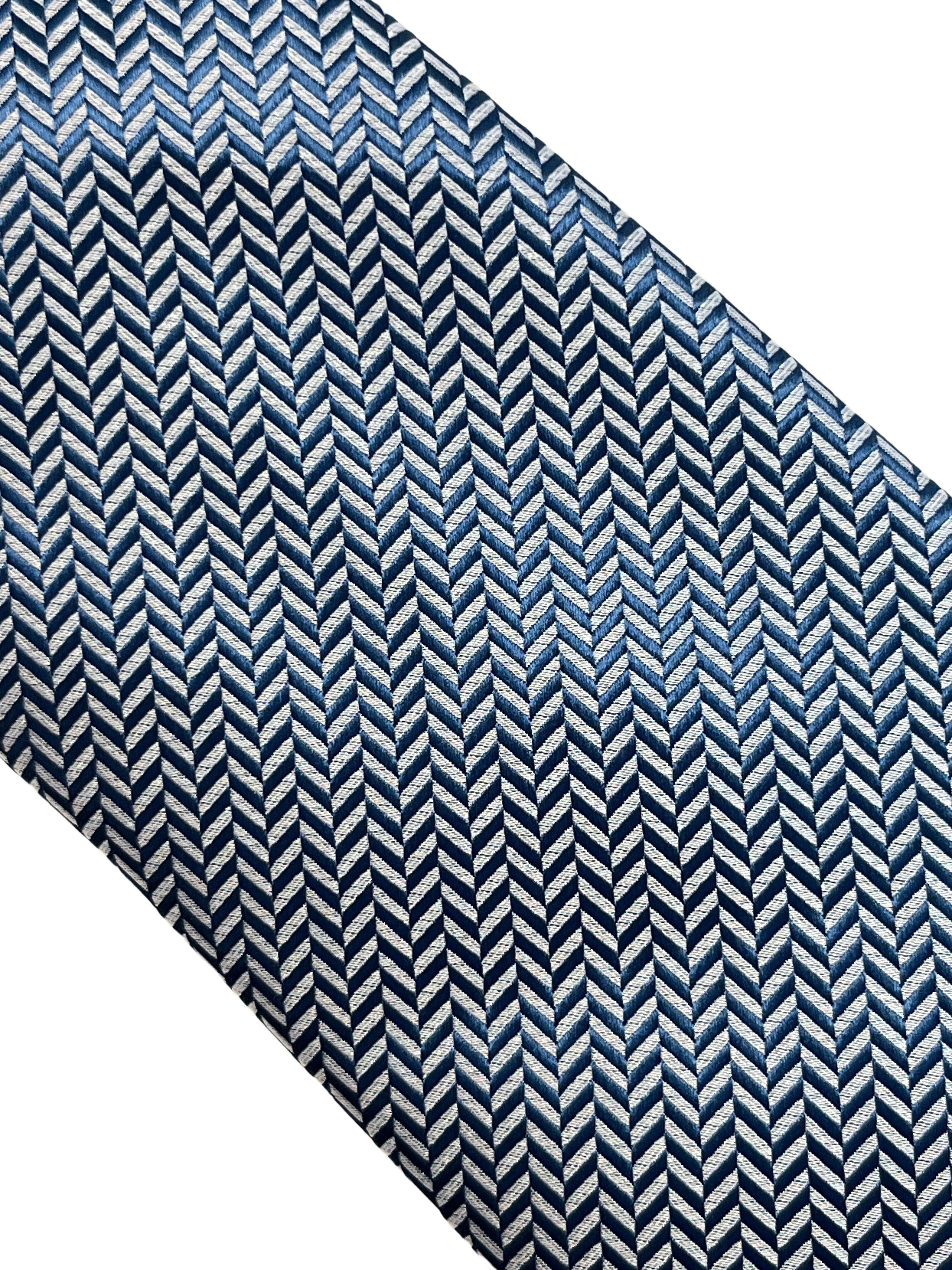 Plain navy blue and white tie with herringbone design - Image 3
