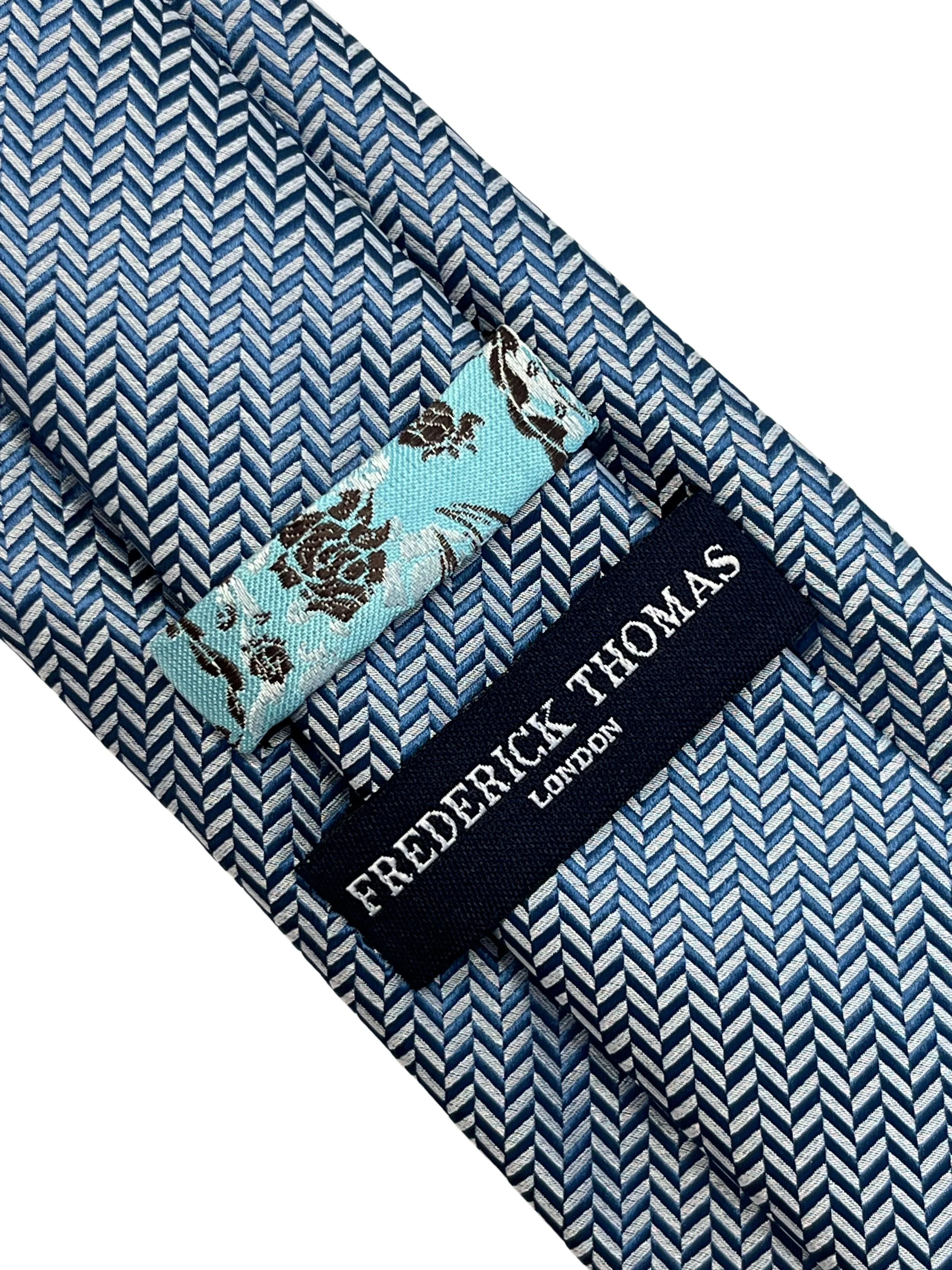 Plain navy blue and white tie with herringbone design - Image 4
