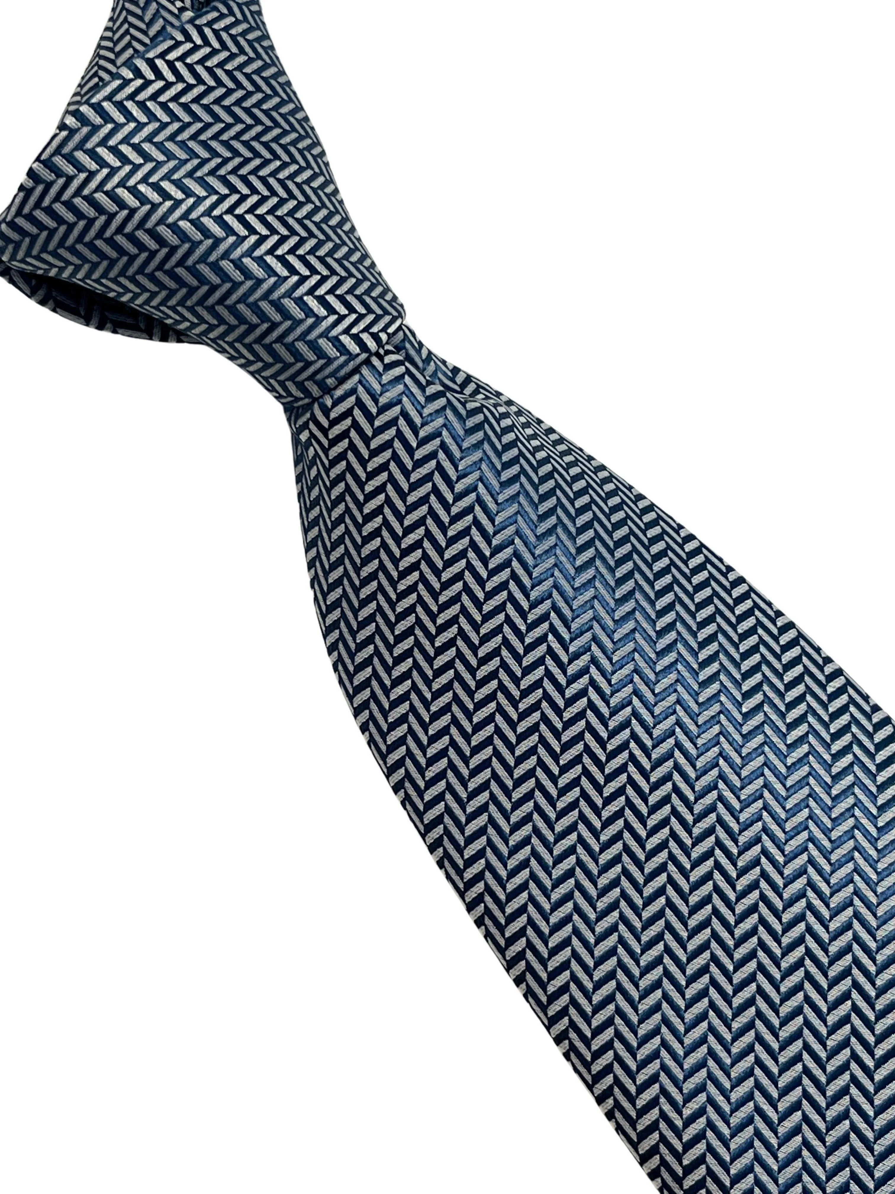 Plain navy blue and white tie with herringbone design - Image 6