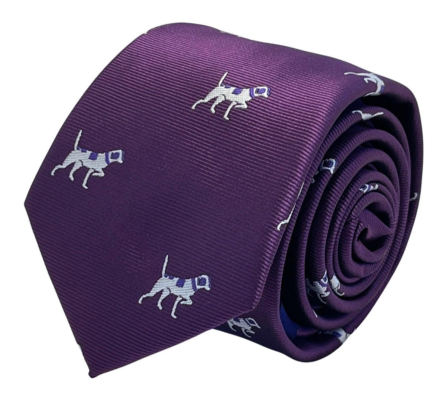 Plum aubergine purple tie with embroidered  beagle bloodhound hunting gun dog design - Image 5