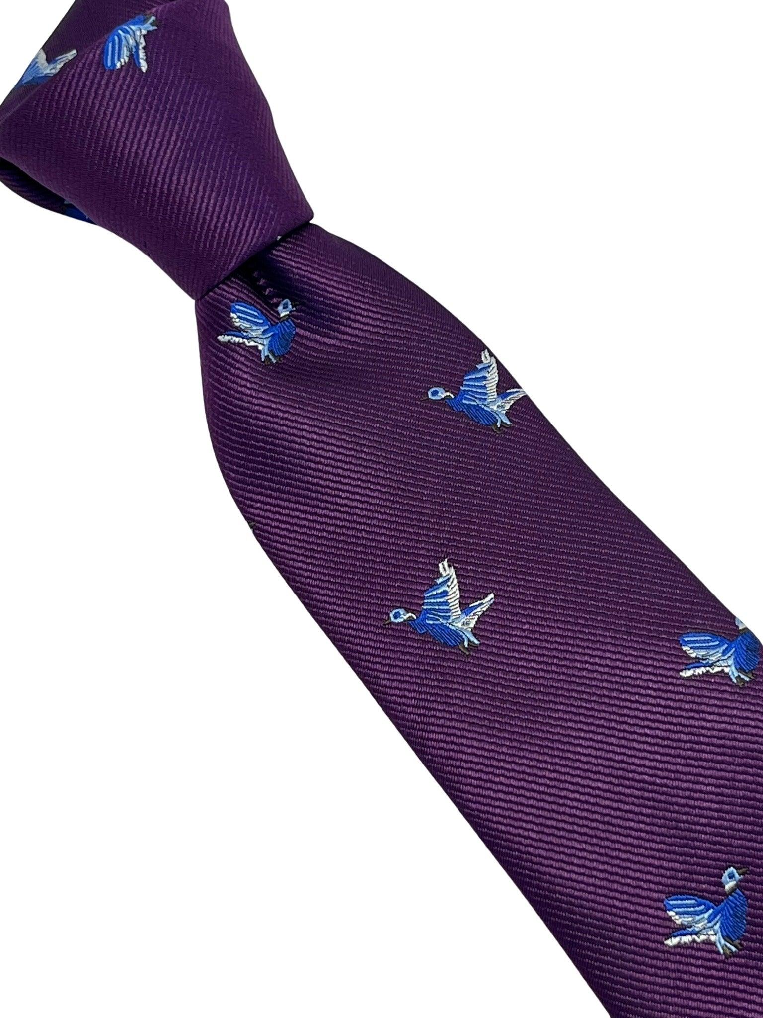 Plum aubergine purple tie with embroidered hunting partridge bird design - Image 6