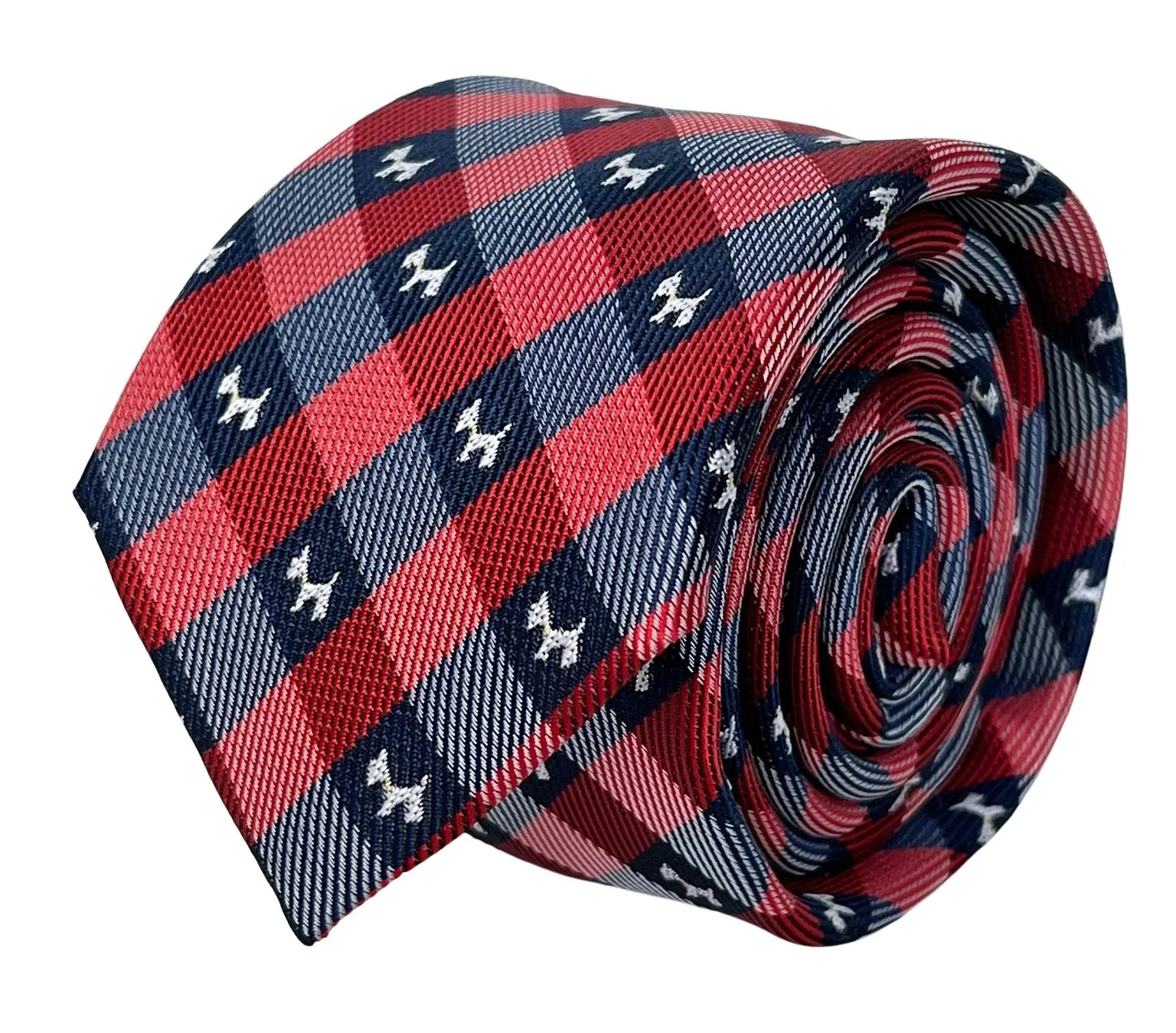 red and dark navy blue plaid gingham style  tie with scottie dog, Scottish Terrier design - Image 2