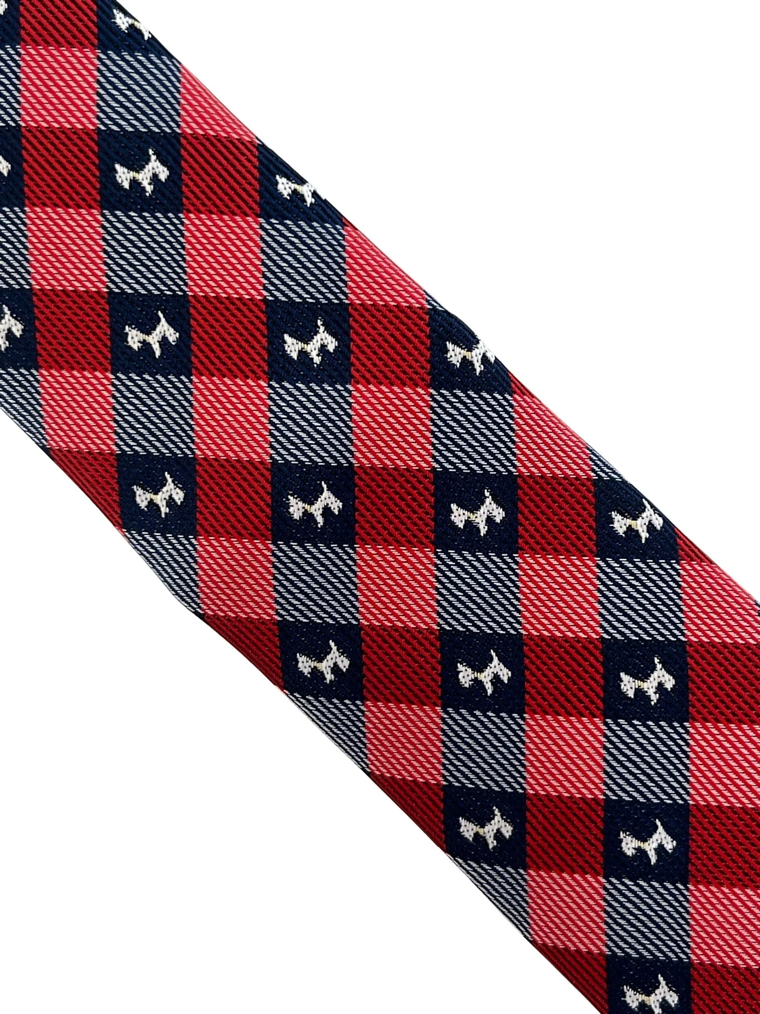red and dark navy blue plaid gingham style  tie with scottie dog, Scottish Terrier design - Image 3