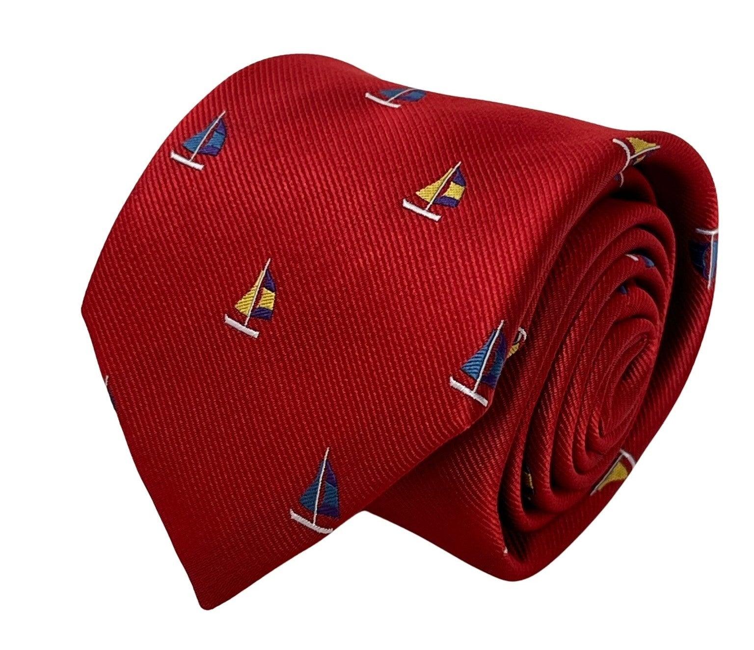 red tie with embroidered yacht boat sailing nautical design - Image 2