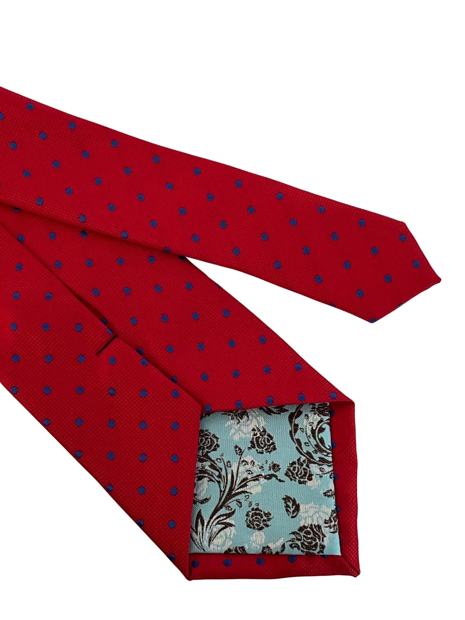 Red tie with royal blue classic polka spot design - Image 5