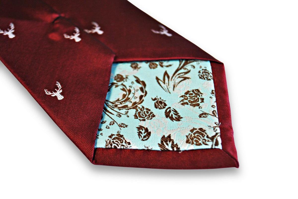 burgundy tie with white stag deer head silhouette design - Image 3
