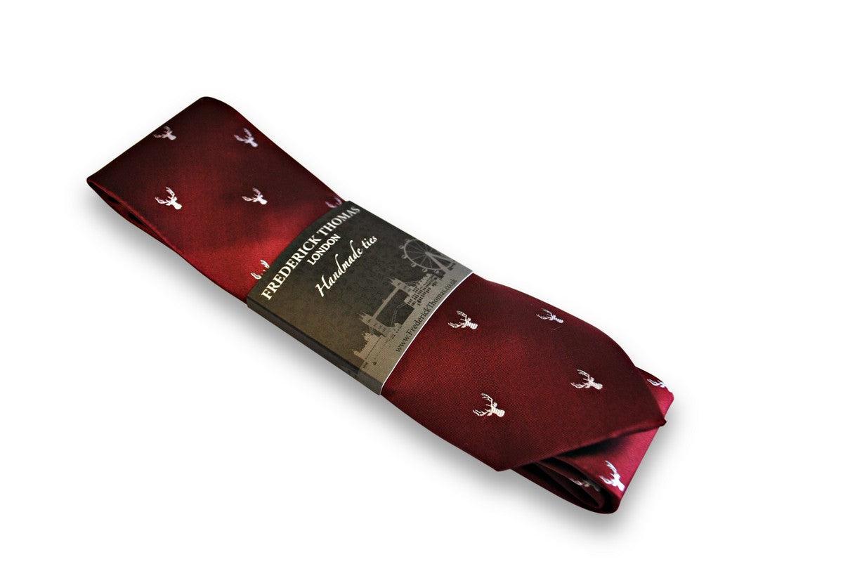 burgundy tie with white stag deer head silhouette design - Image 5