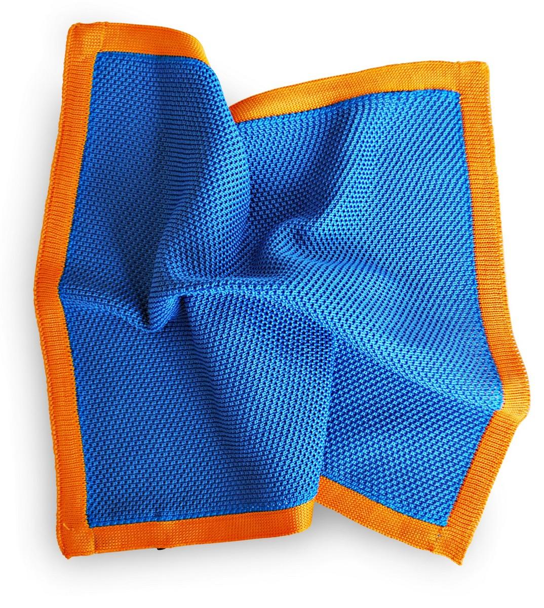 royal blue knitted pocket square with orange edging - Image 3