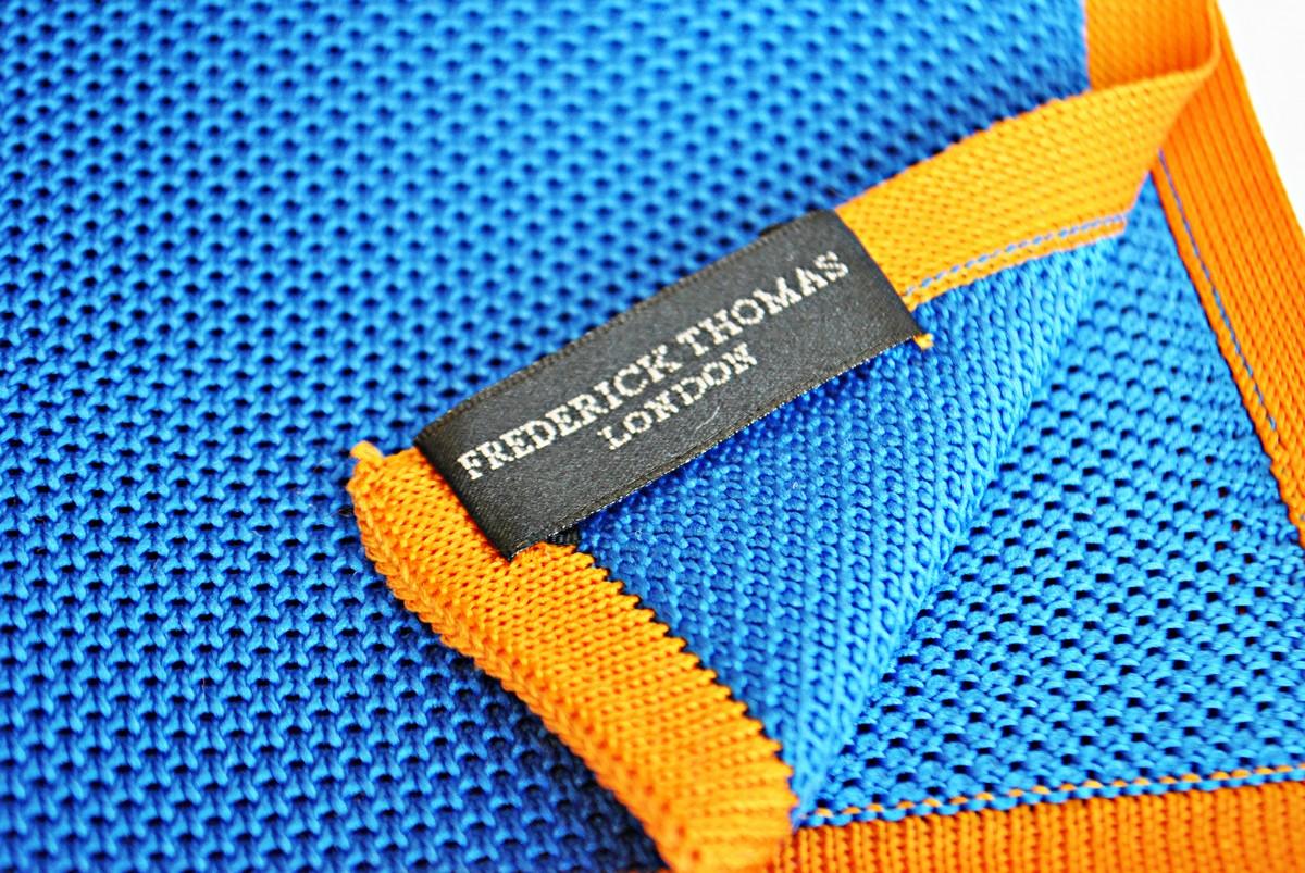 royal blue knitted pocket square with orange edging - Image 4