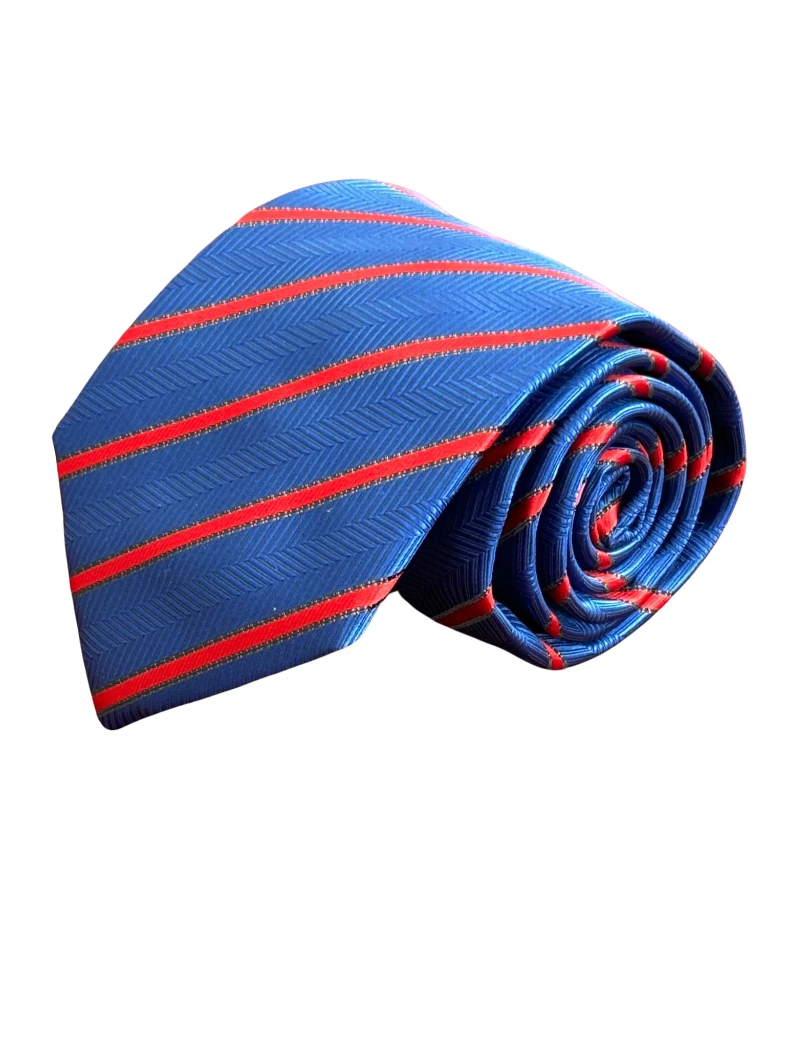 royal blue tie with subtle herringbone design and red stripes - Image 2