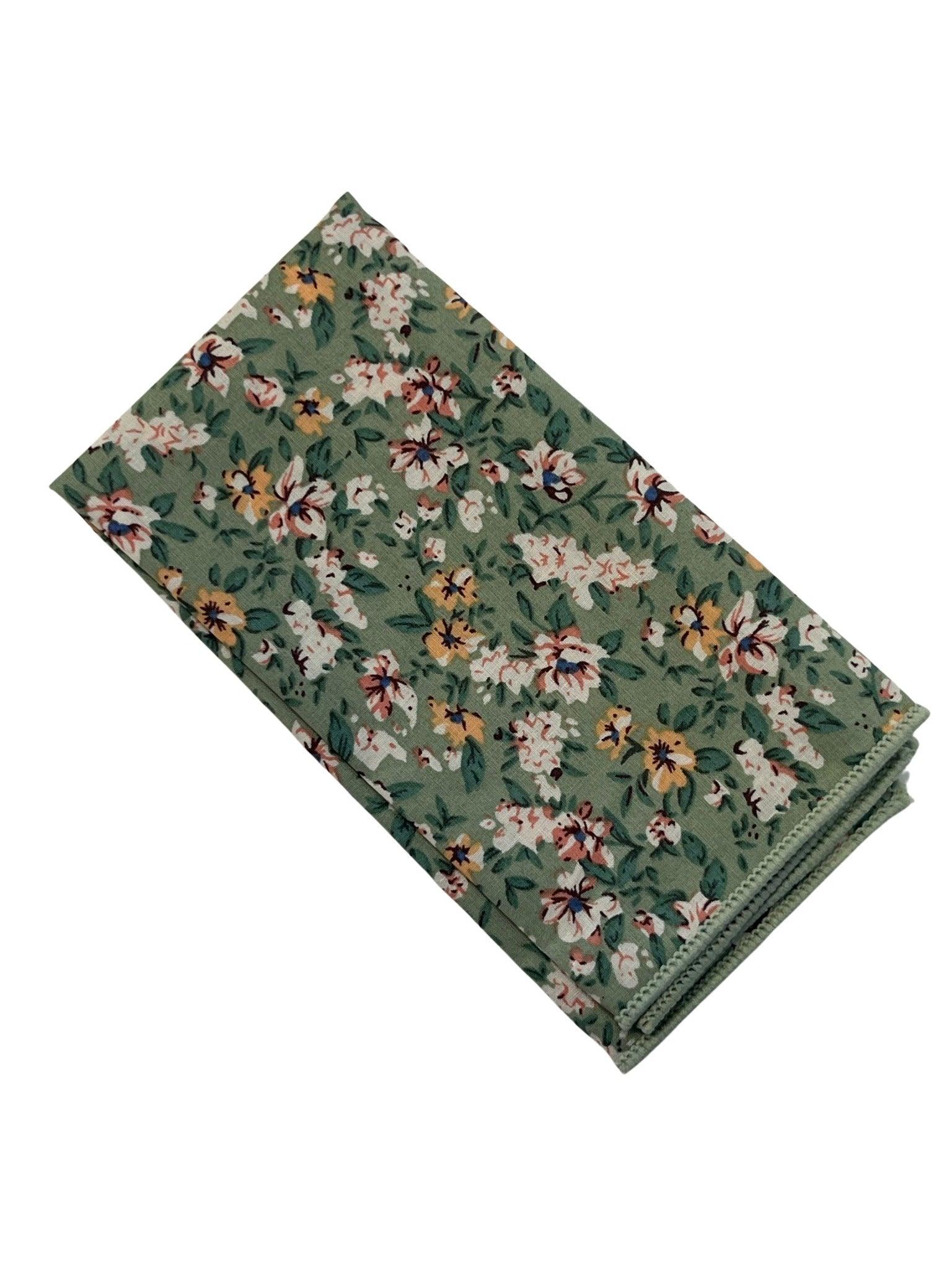 Sage green, light olive stencil english wild-flower floral design  cotton pocket square