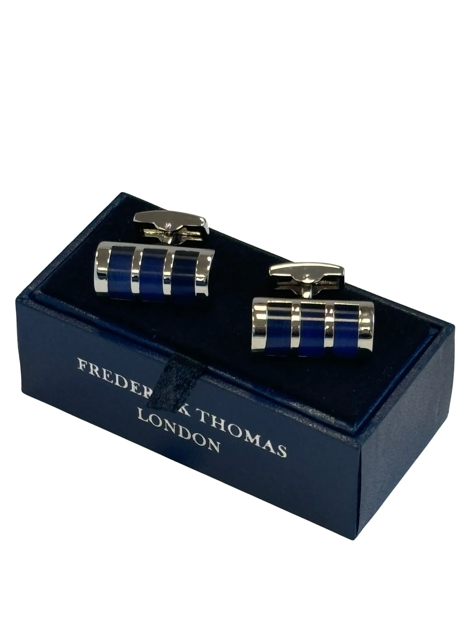 Unusual barrel style silver cufflinks with blue stones - Image 2