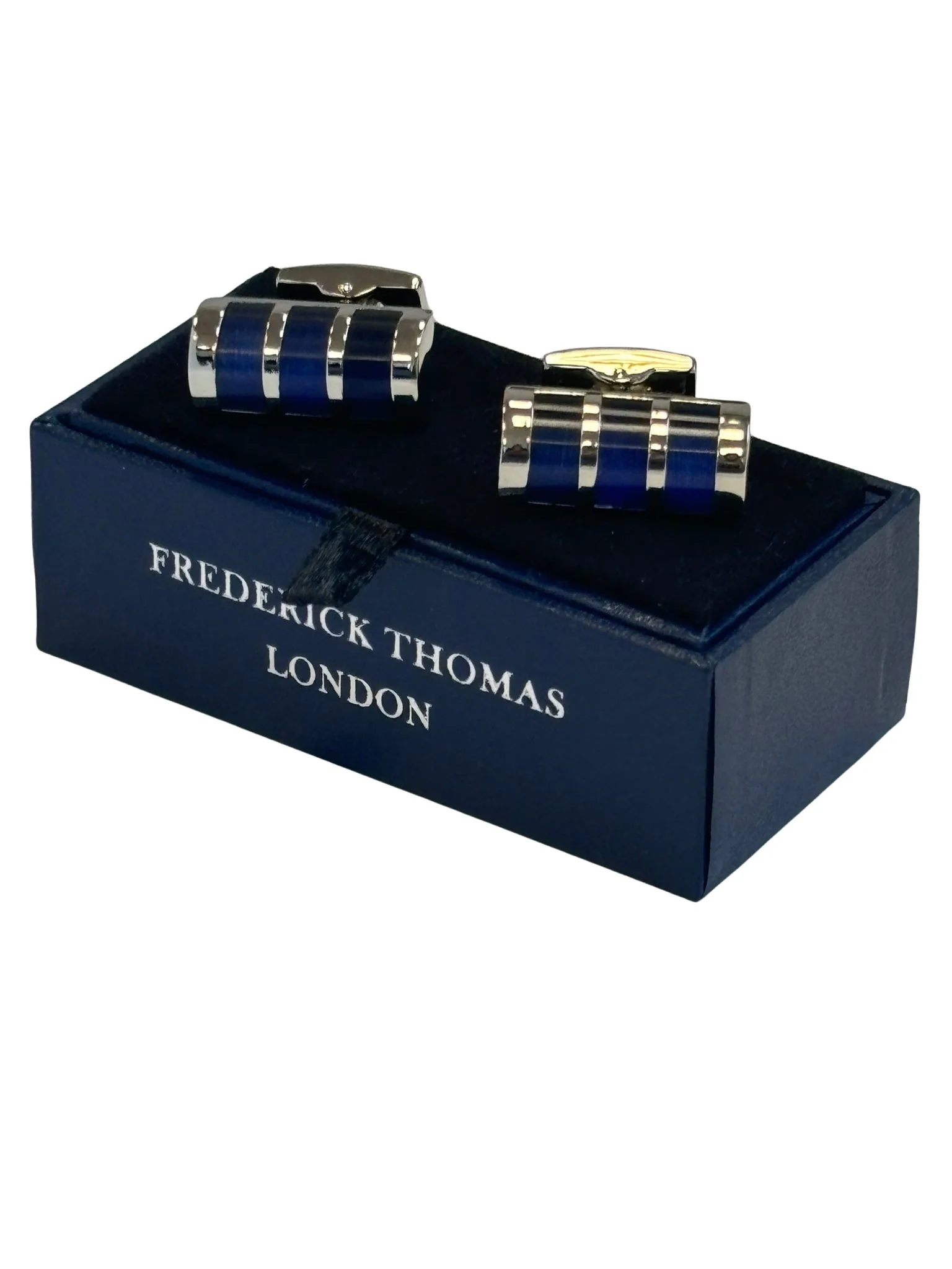 Unusual barrel style silver cufflinks with blue stones - Image 3