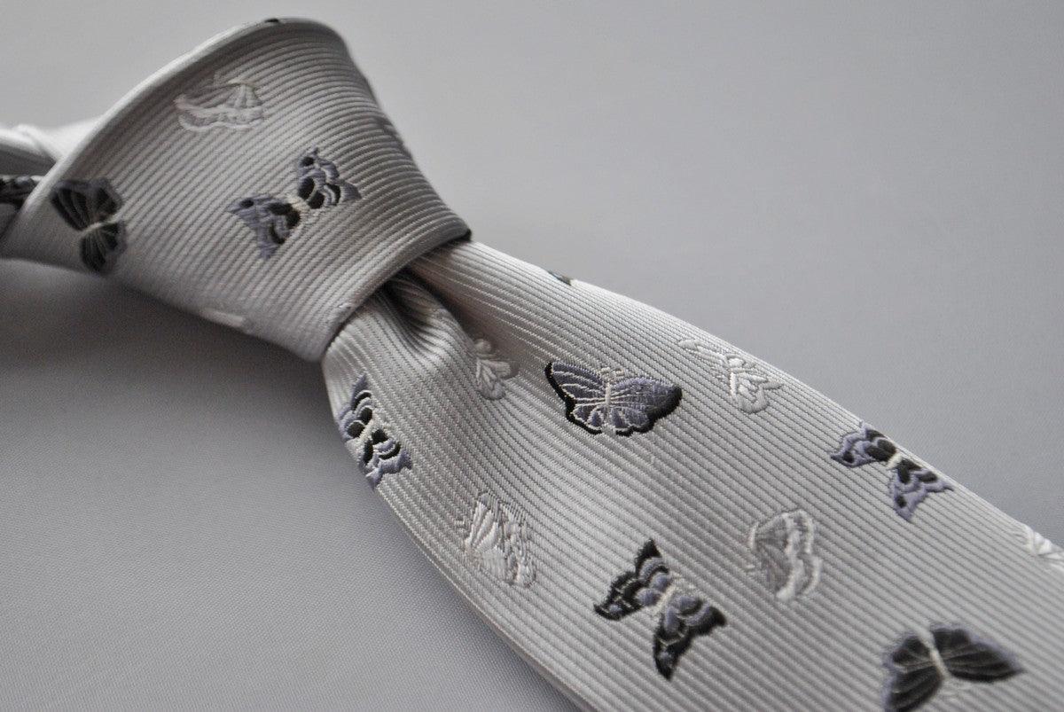 silver grey tie with butterfly embroidered design - Image 3