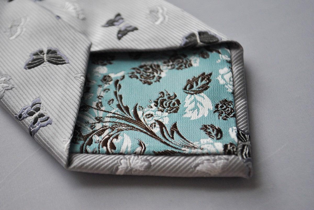 silver grey tie with butterfly embroidered design - Image 4