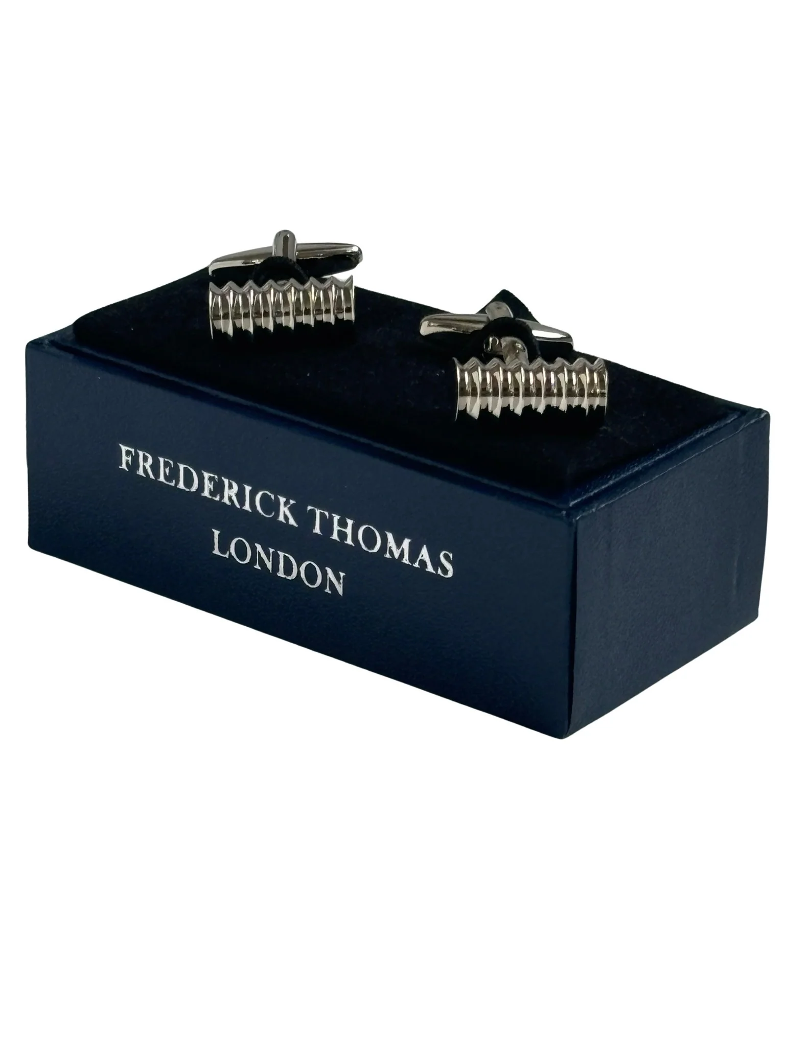 Classic silver cufflinks with a round ridged design - Image 2