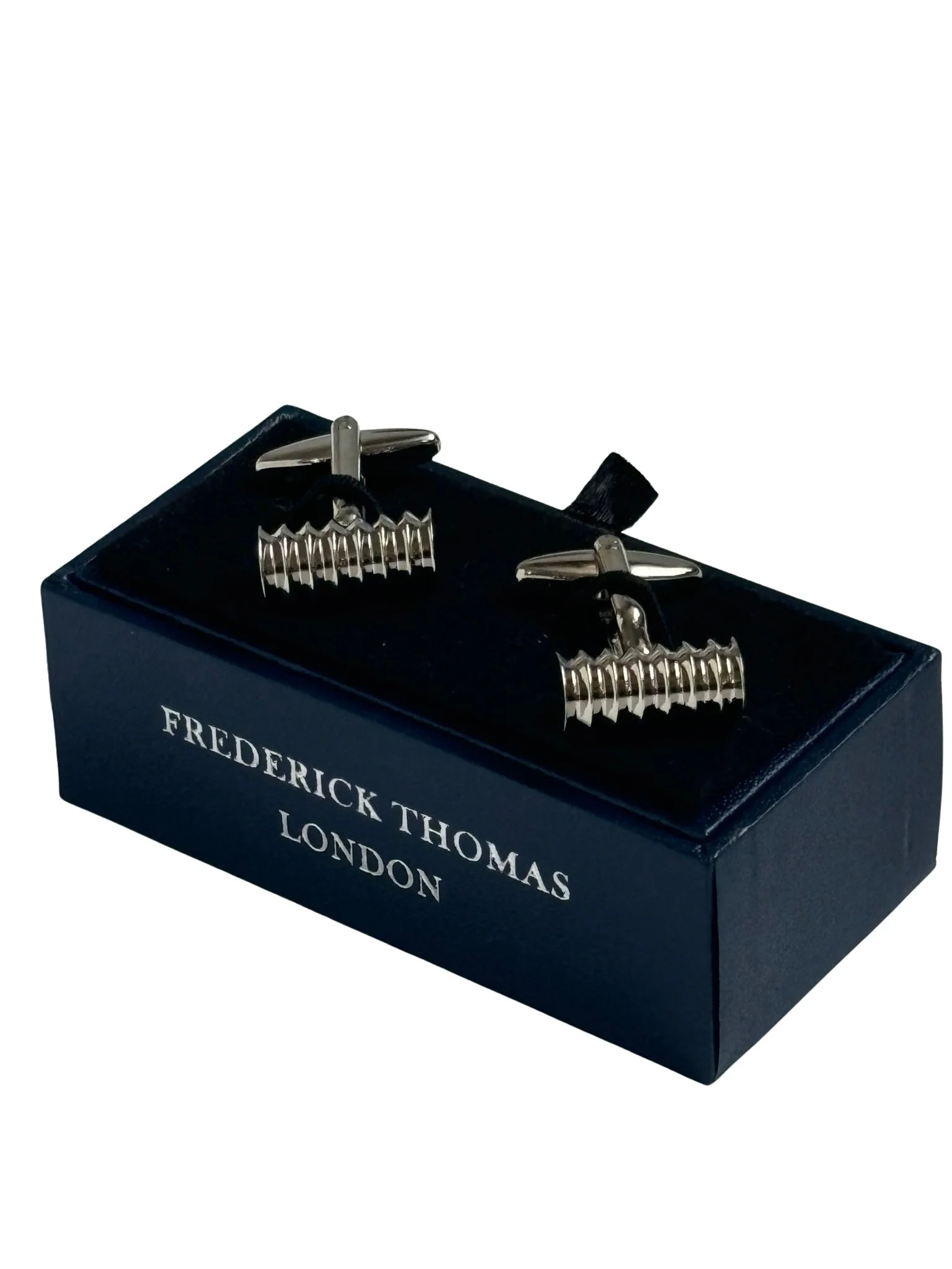 Classic silver cufflinks with a round ridged design - Image 3