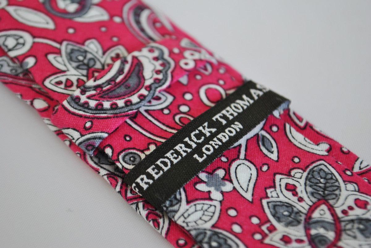 skinny cotton tie with bright pink floral and paisley design - Image 3