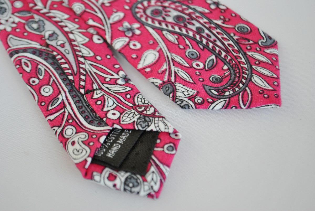 skinny cotton tie with bright pink floral and paisley design - Image 4