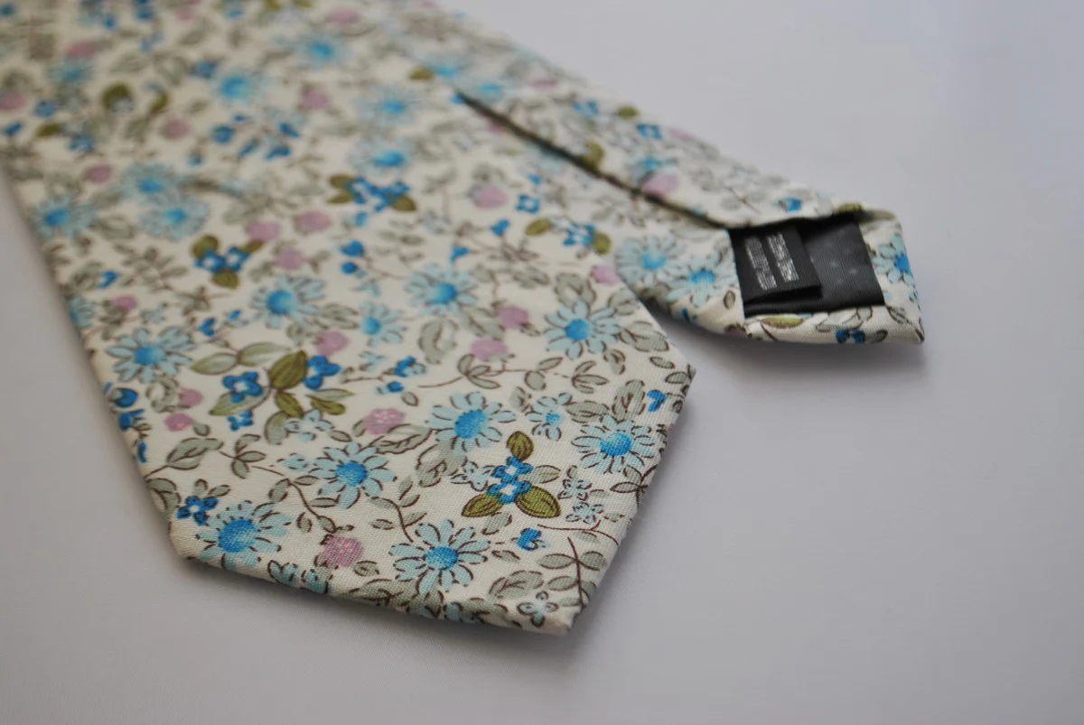 skinny cotton ivory cream tie with blue floral design - Image 4