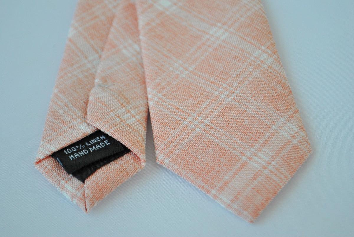 skinny peach orange and white check linen tie - Image 3