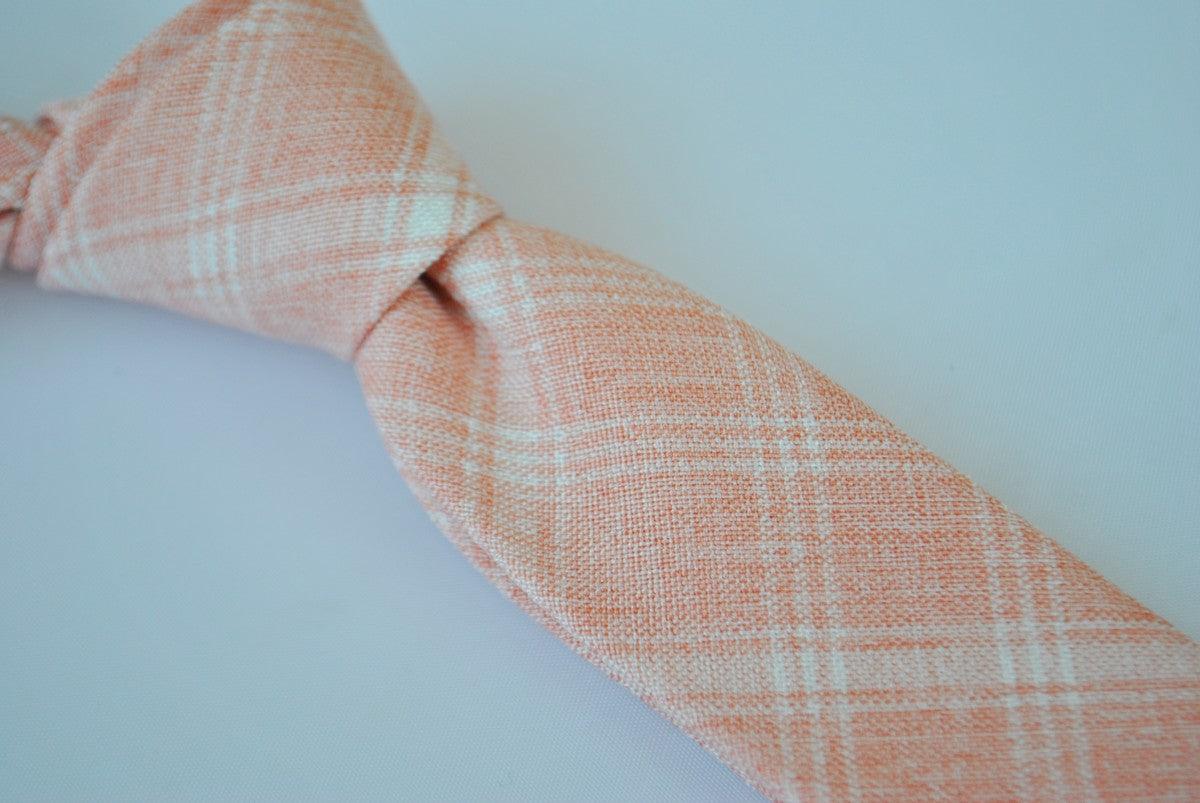 skinny peach orange and white check linen tie - Image 4