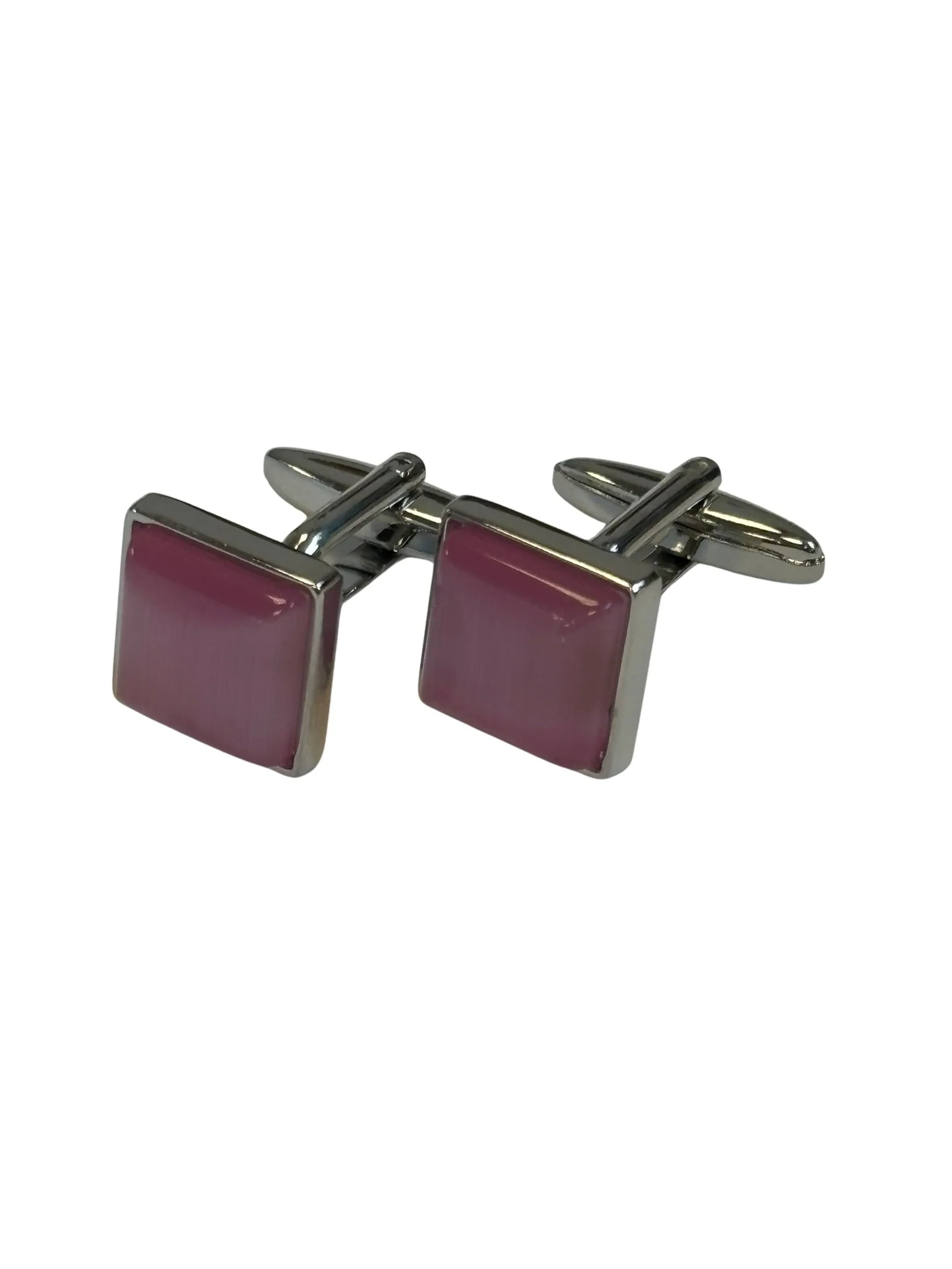 Classic silver square cufflinks with a pale pink stone