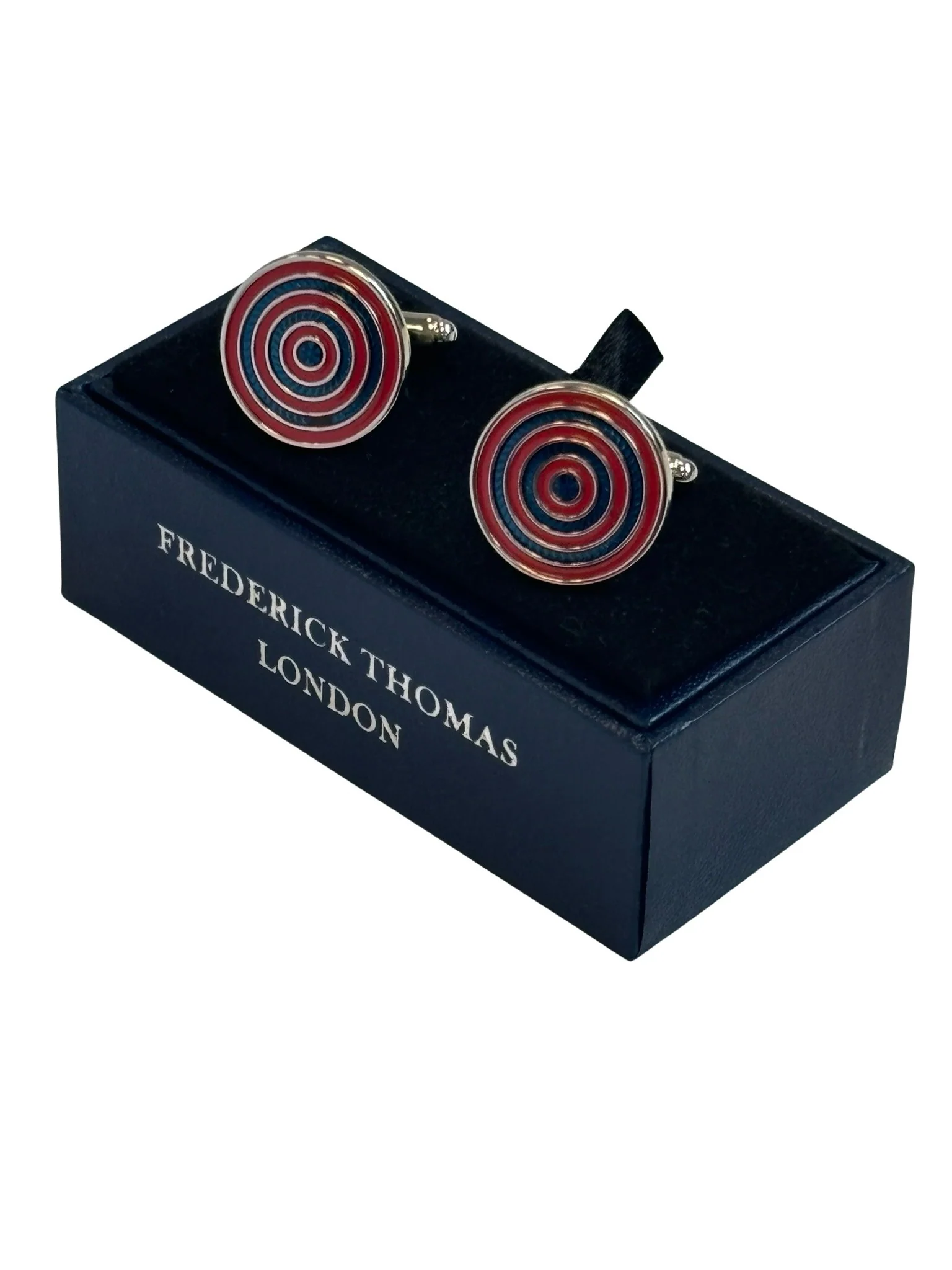 red and blue cufflinks in a  circular target design - Image 2