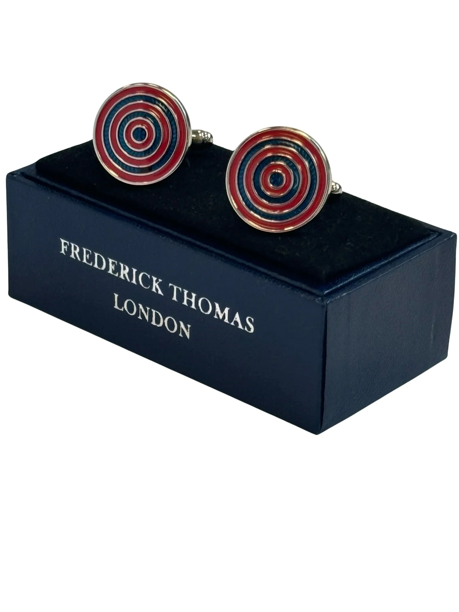 red and blue cufflinks in a  circular target design - Image 3