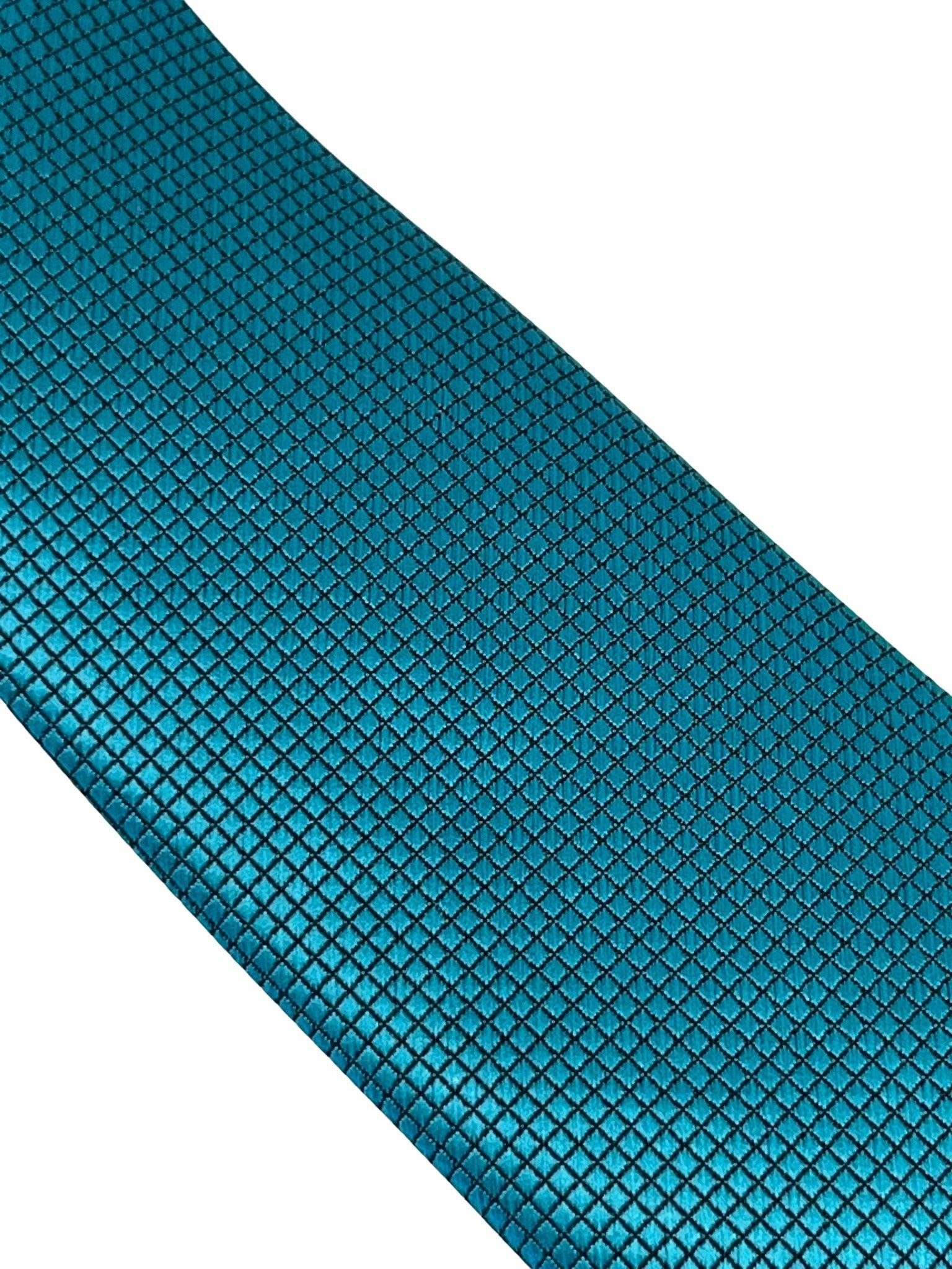 teal turquoise green silky tie with subtle squared design - Image 3
