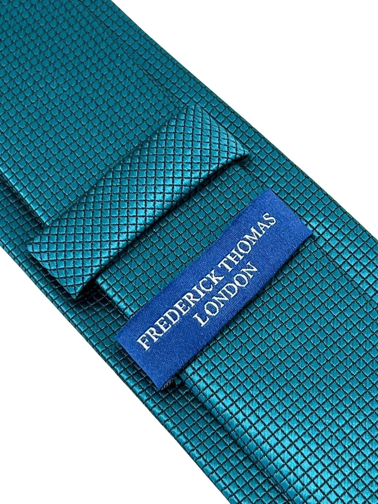 teal turquoise green silky tie with subtle squared design - Image 4