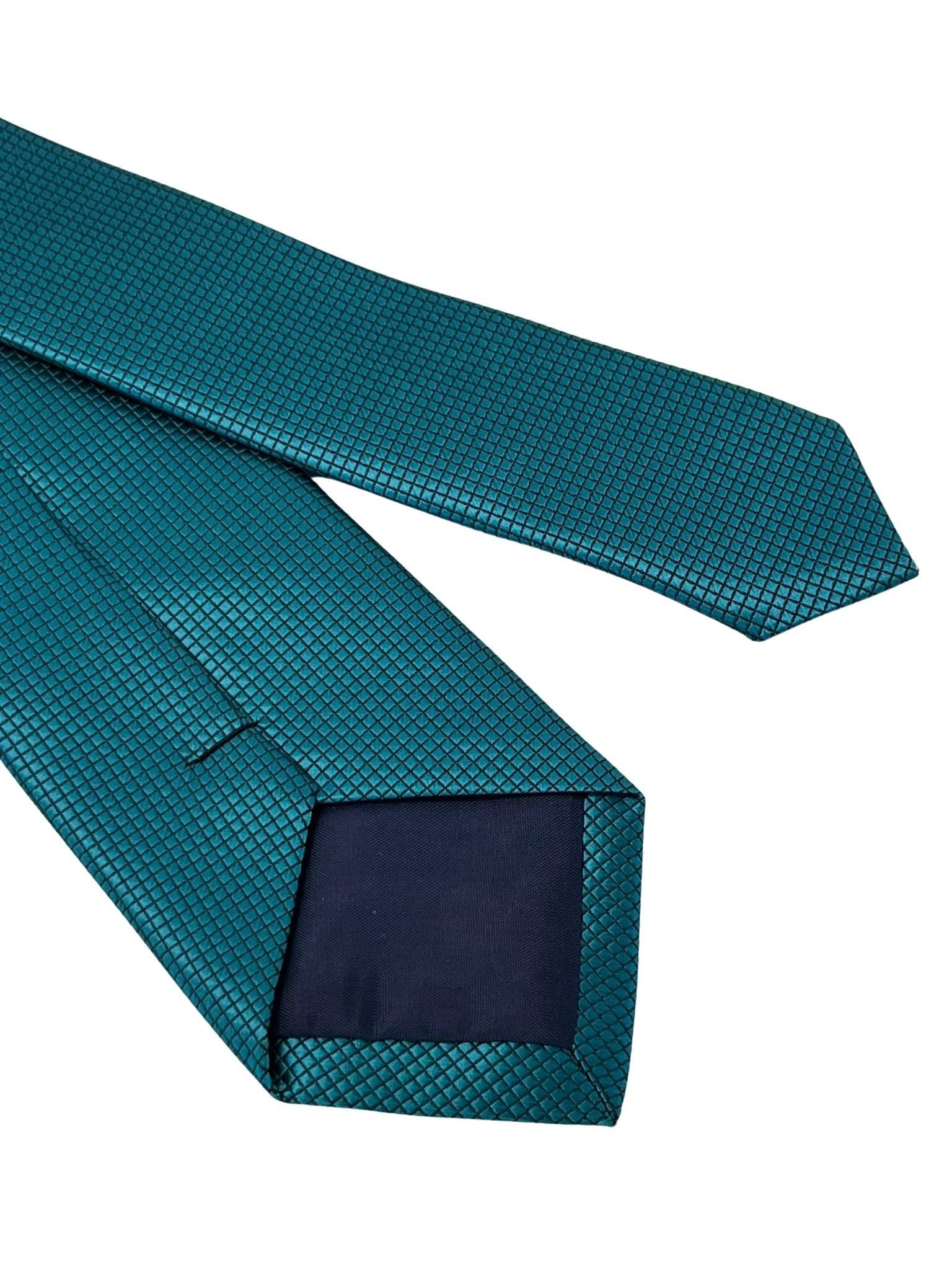 teal turquoise green silky tie with subtle squared design - Image 5